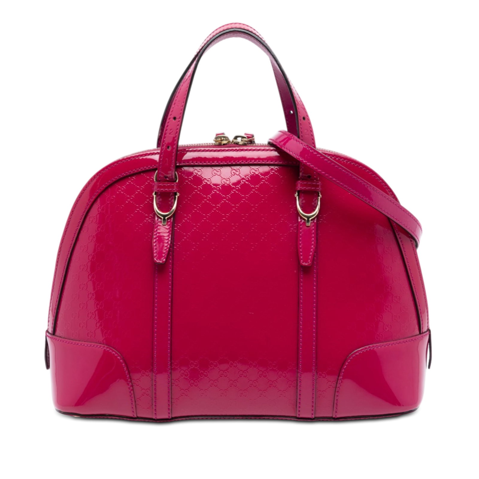 Gucci Microguccissima Patent Leather Nice Small Dome Bag with Strap: Gucci Microguccissima Patent Leather Nice Small Dome Bag with Strap This Gucci Small Microguccissima Patent Nice Dome Satchel features a pink patent leather body with signature embossed detailing. It 