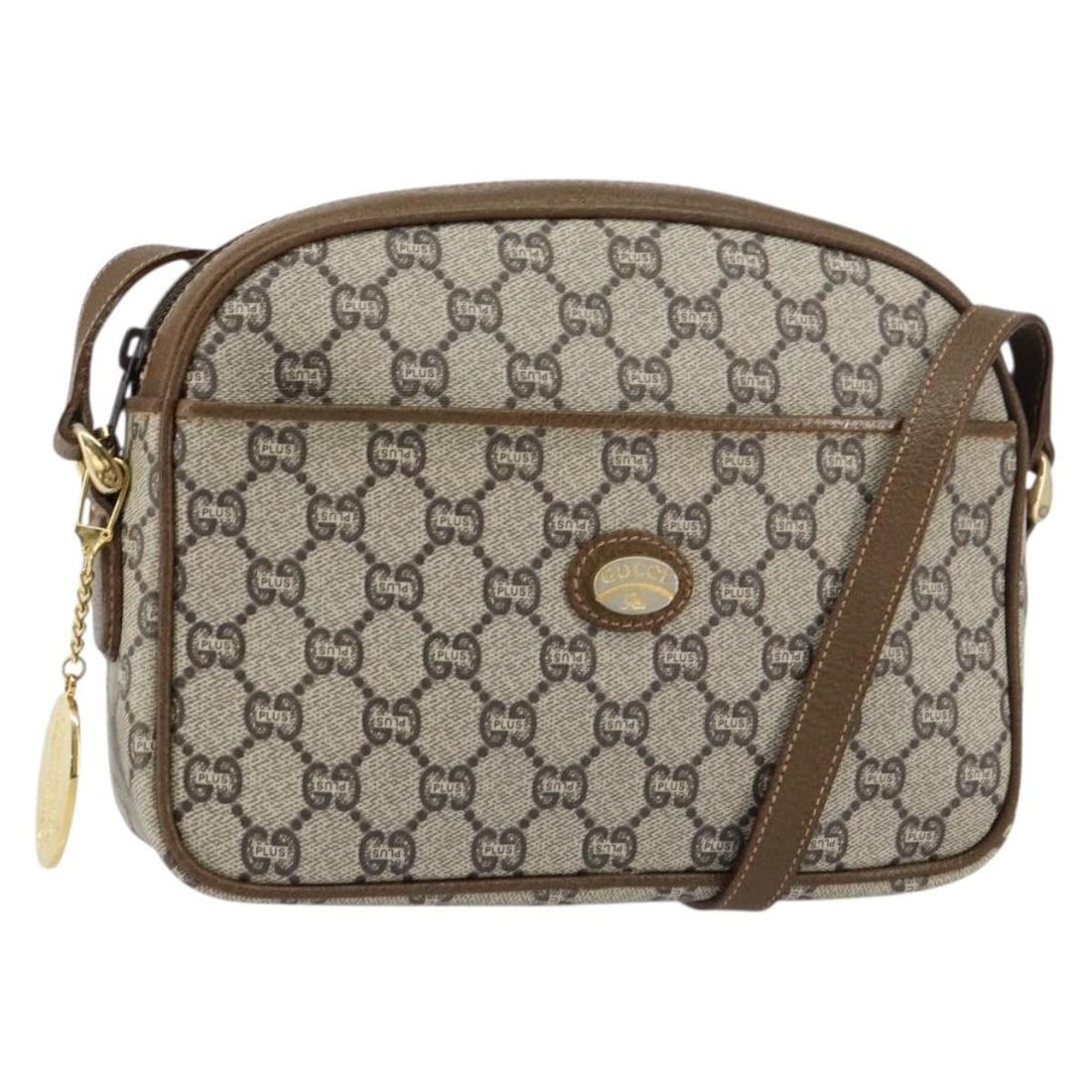 GUCCI GG Plus Supreme Beige Gold PVC Leather Shoulder Bag: GUCCI GG Plus Supreme Beige Gold PVC Leather Shoulder Bag This luxurious GUCCI GG Plus Supreme Shoulder Bag combines style and functionality, crafted from high-quality PVC leather in a stunning beige 