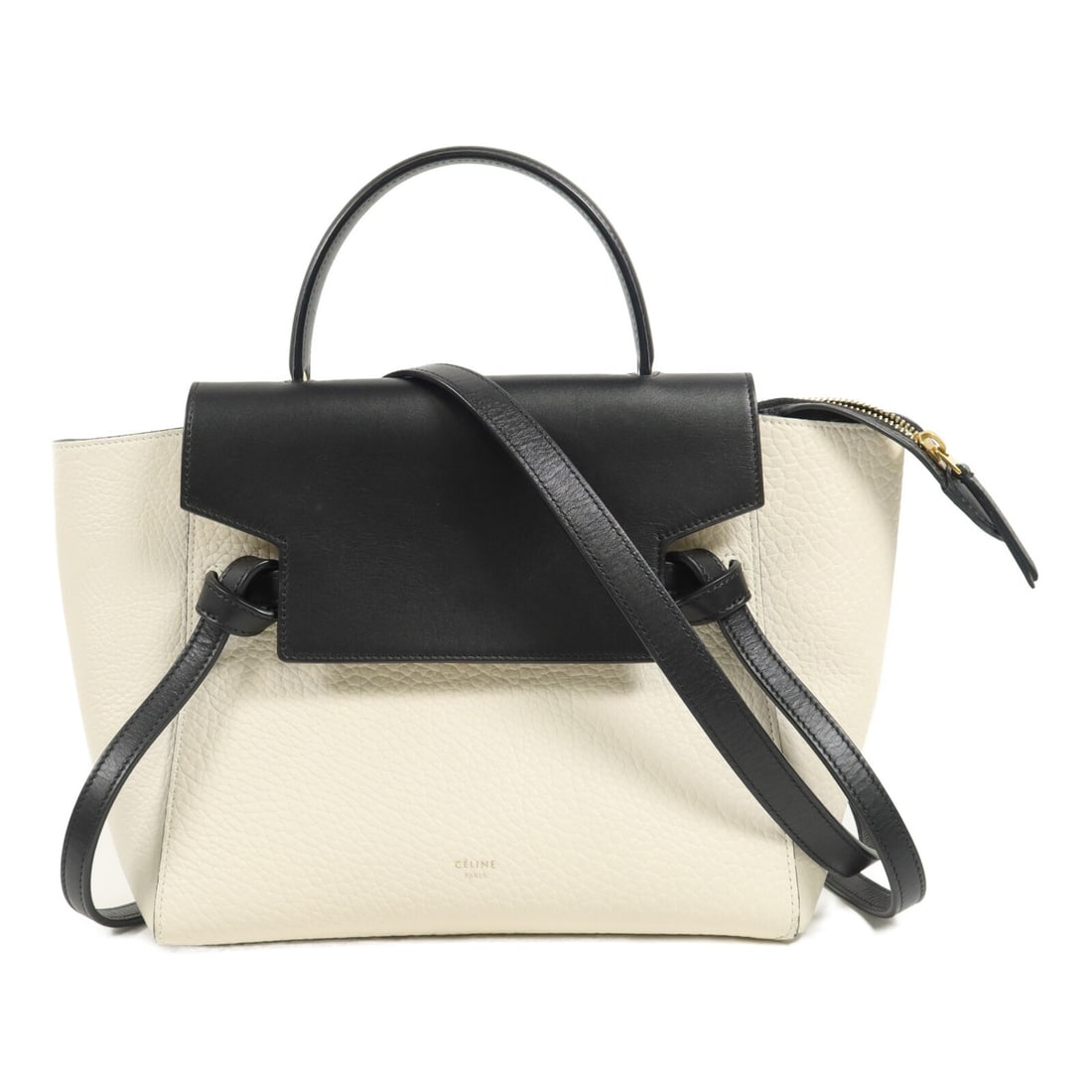 CELINE Micro Belt 2way Shoulder Bag Black White Calfskin: CELINE Micro Belt 2way Shoulder Bag Black White Calfskin Celine Micro Belt 2-way shoulder bag in black and white calfskin leather. Designed for women, this bag features a structured silhouette with to