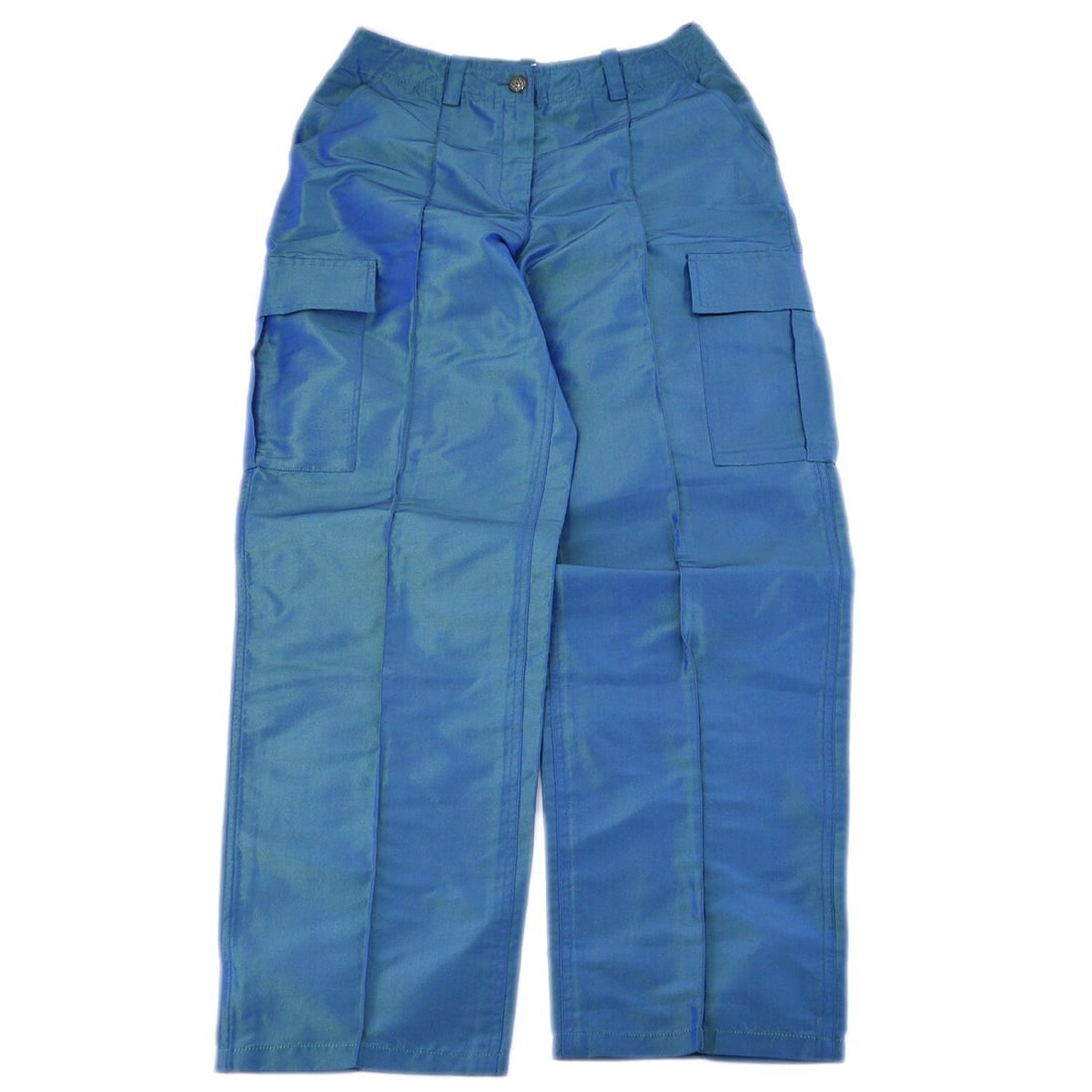 Vintage CHANEL silk straight pants women size 40 blue: Vintage CHANEL silk straight pants women size 40 blue Vintage Chanel long pants in blue silk with a straight-leg silhouette and regular fit. Designed for women, this casual style features a button and