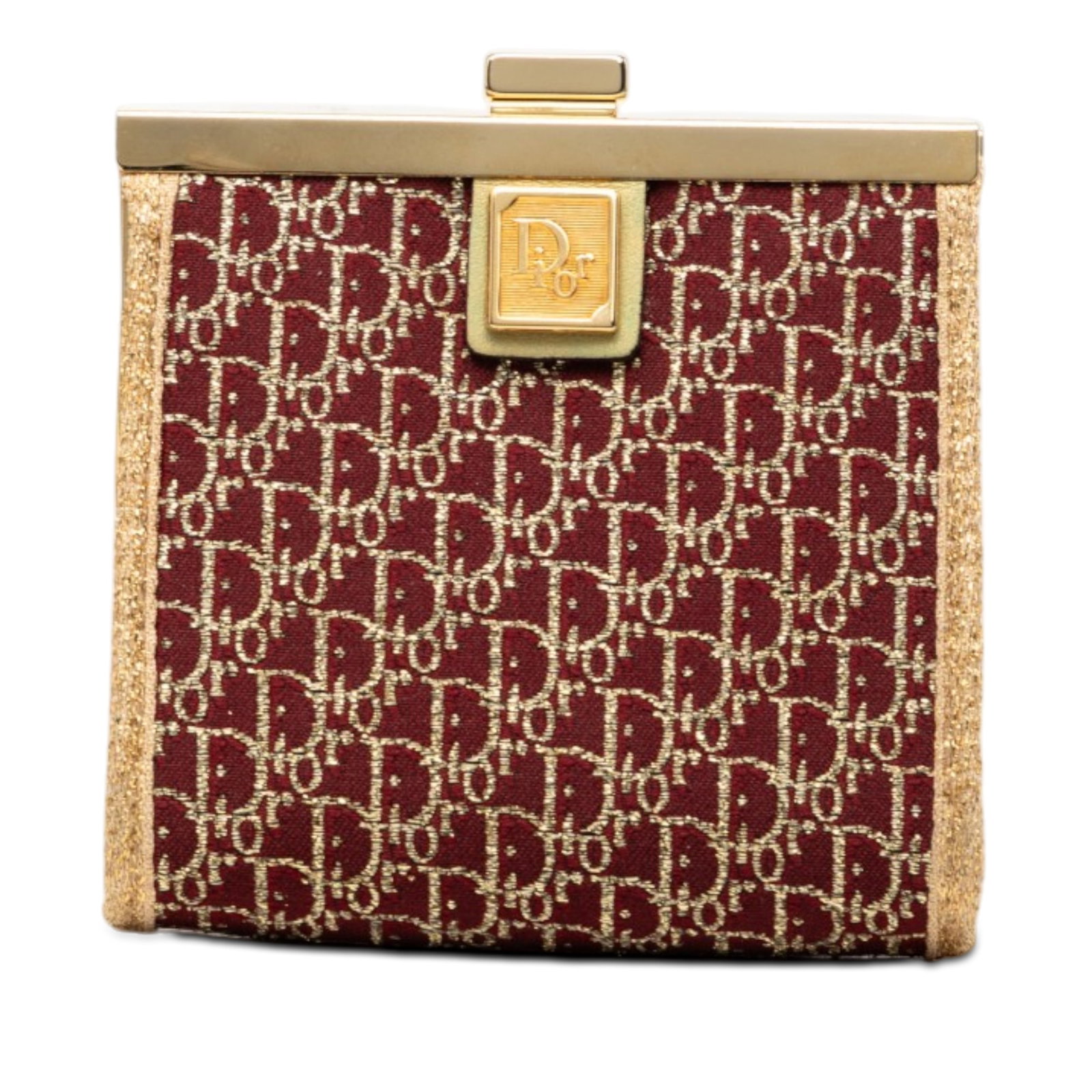 Dior Diorissimo Trotter canvas coin pouch with kiss lock: Dior Diorissimo Trotter canvas coin pouch with kiss lock Compact Diorissimo Trotter coin pouch with a canvas body and kiss lock closure. Made in France, this red small leather goods piece shows signs 