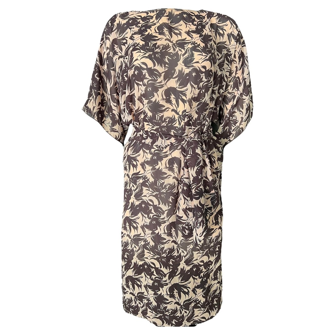 Marie France floral silk mid length dress brown beige XS: Marie France floral silk mid length dress brown beige XS Marie France brown and beige silk midi dress with a floral print and removable belt detail. Made in France and presented in excellent condition