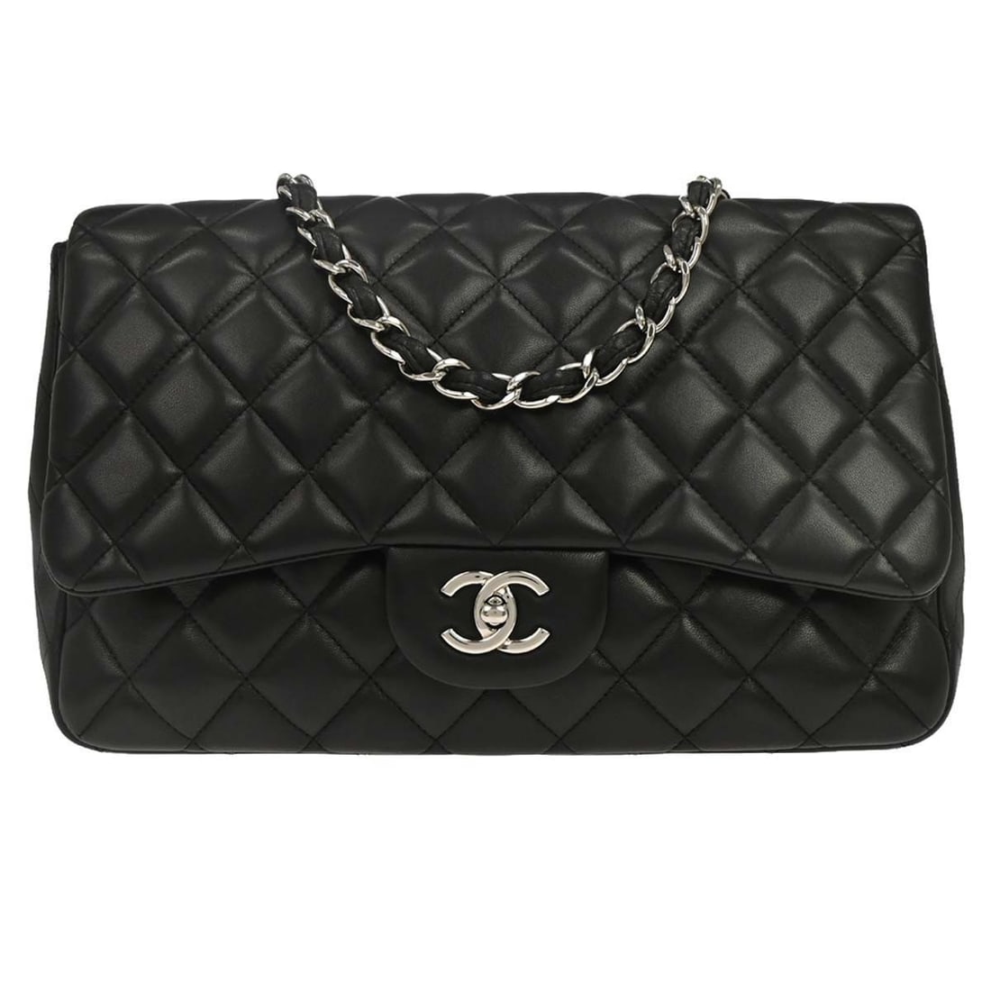 CHANEL Jumbo Classic Flap Large Black Lambskin Shoulder Bag: CHANEL Jumbo Classic Flap Large Black Lambskin Shoulder Bag Chanel Jumbo Classic Flap Shoulder Bag in black lambskin with a turn lock closure and shoulder strap design. It is described as a large wome