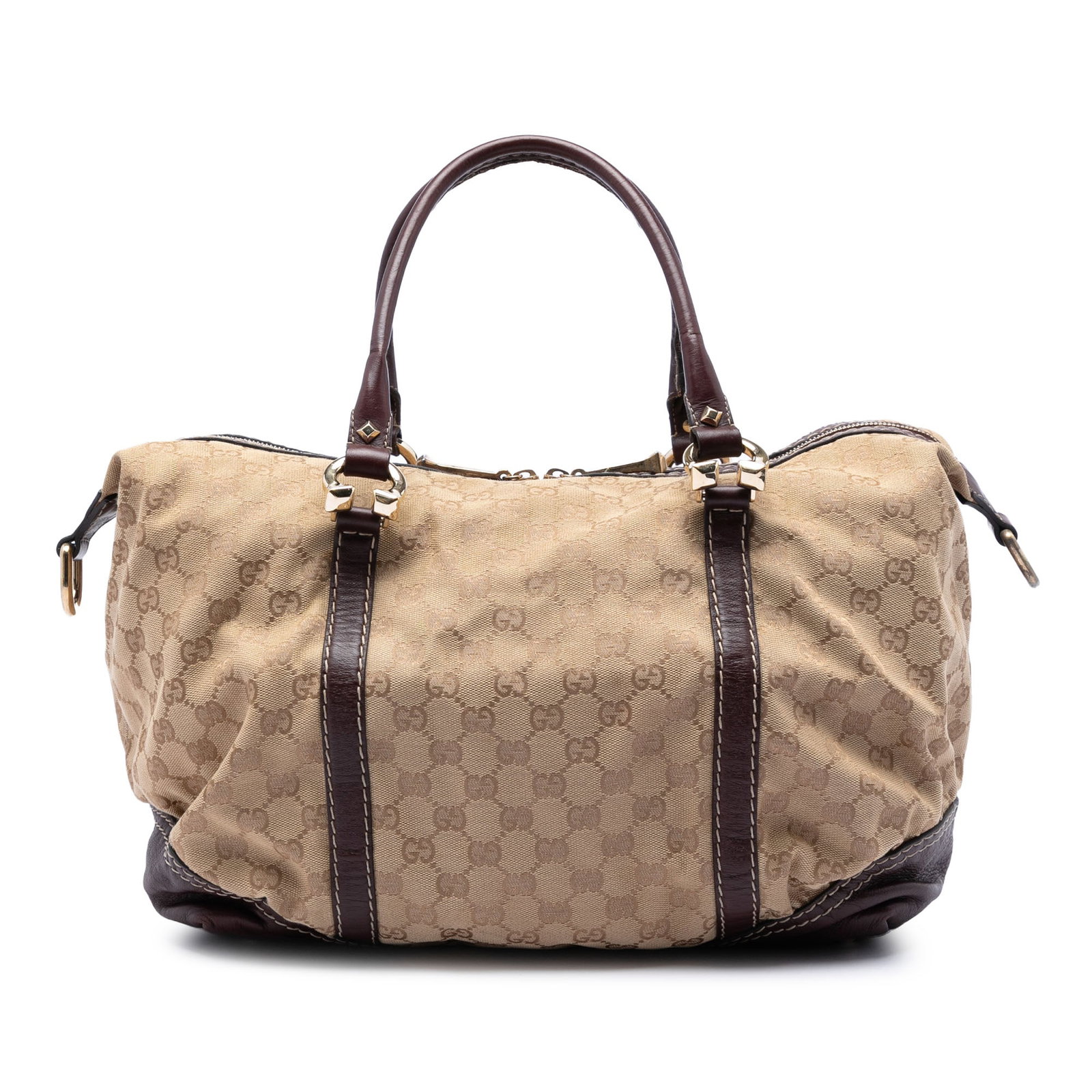 Gucci Horsebit Nail Boston Bag in GG Canvas and Leather: Gucci Horsebit Nail Boston Bag in GG Canvas and Leather Gucci GG Canvas Horsebit Nail Boston Bag with a canvas body, leather trim, rolled leather handles, top zip closure, and interior zip and slip po