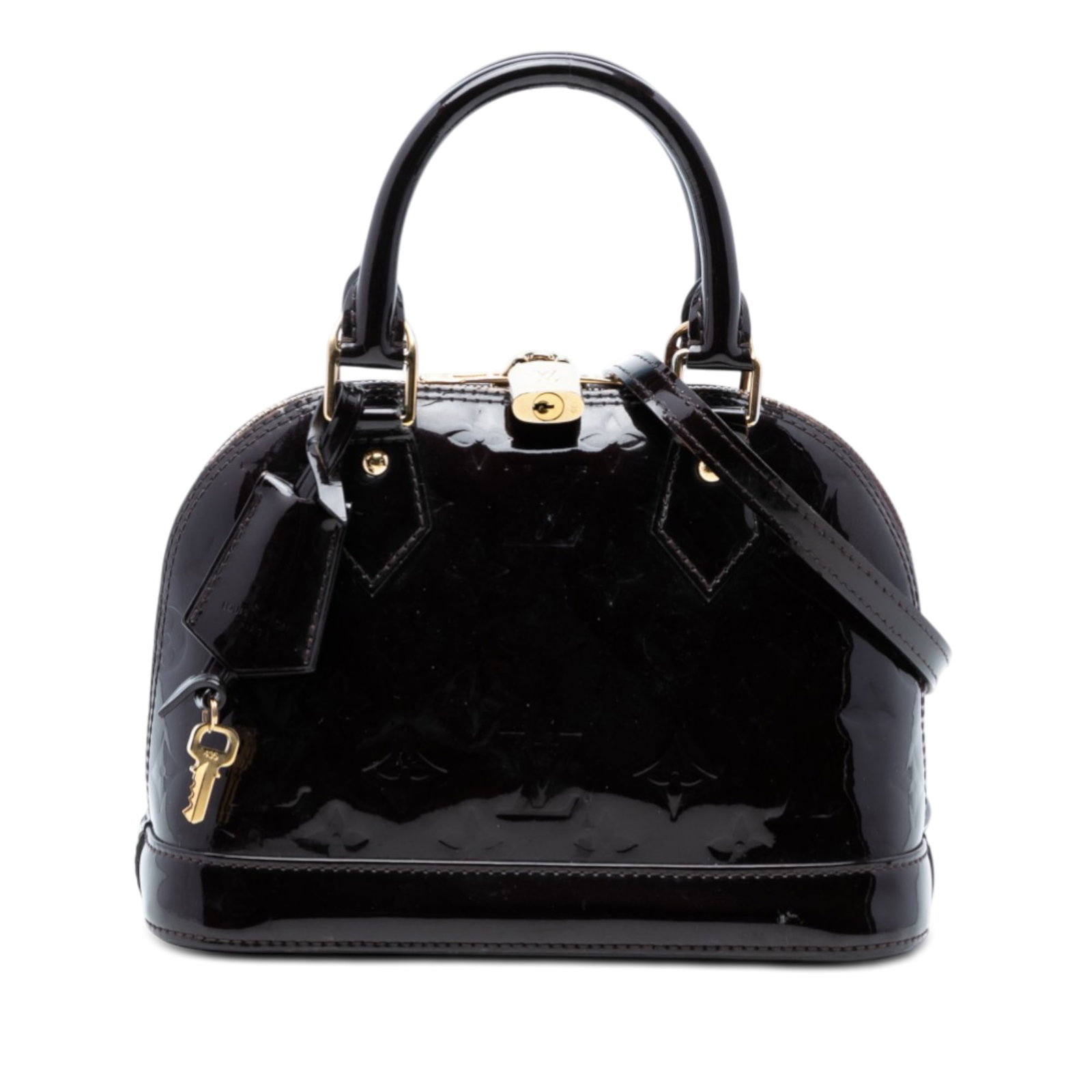 Louis Vuitton Alma BB Monogram Vernis Leather Handbag Purple: Louis Vuitton Alma BB Monogram Vernis Leather Handbag Purple Louis Vuitton Monogram Vernis Alma BB handbag in purple vernis leather. This structured bag features rolled leather handles, a top zip-arou