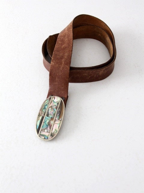 1970s Saddle Brown Leather Belt Abalone Shell Buckle (1 of 4)