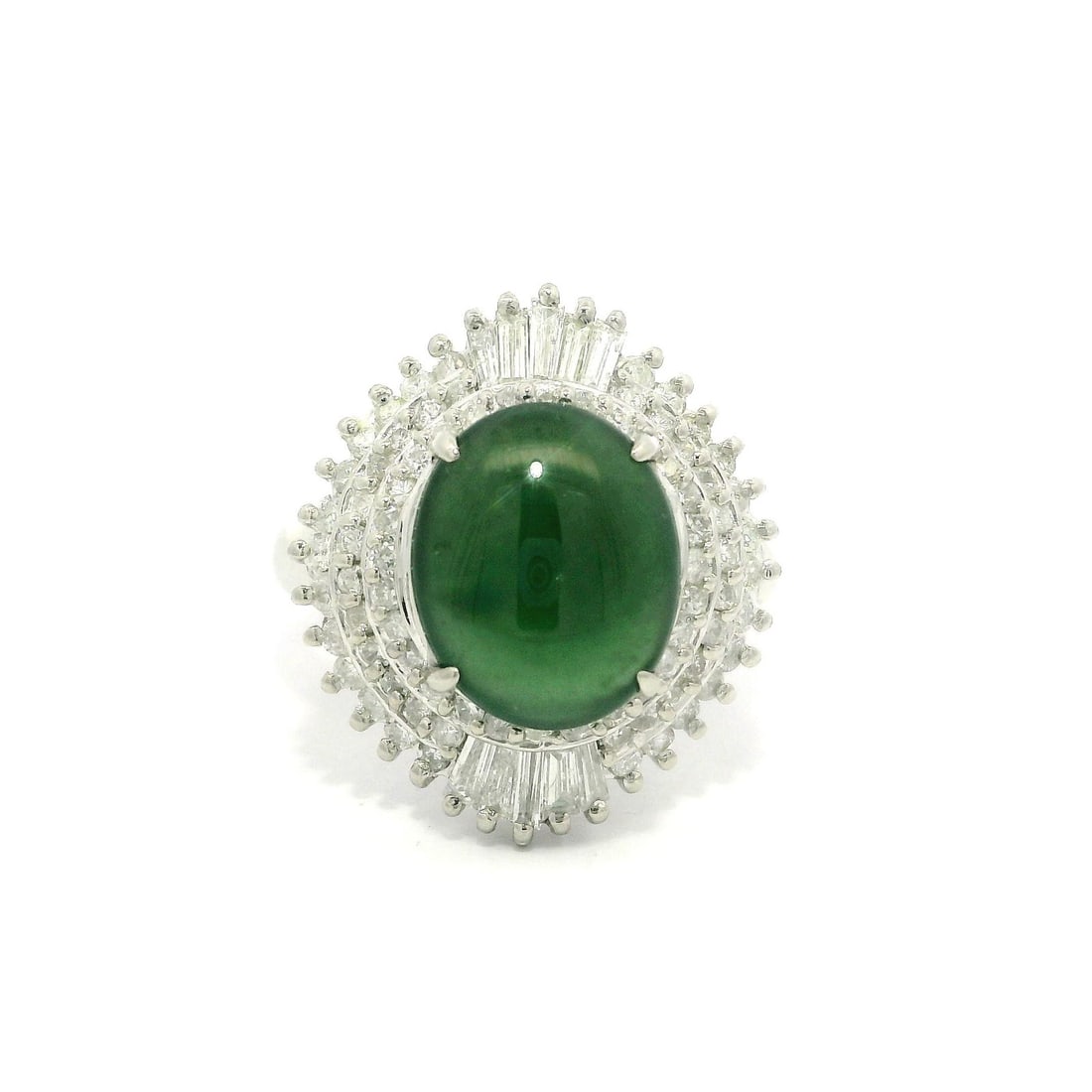 Vintage Platinum GIA Certified 3.89ctw Burma A Jade Diamond Ballerina Ring: Vintage Platinum GIA Certified 3.89ctw Burma A Jade Diamond Ballerina Ring Presenting a stunning Vintage Platinum Ballerina Ring featuring a high-quality 3.89ctw Burma A Jade and diamonds. This exquis