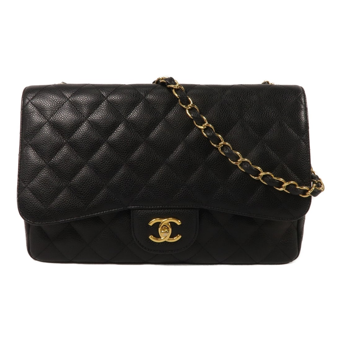 CHANEL A58600 Large Classic Flap Shoulder Bag Black Calfskin CC GHW: CHANEL A58600 Large Classic Flap Shoulder Bag Black Calfskin CC GHW CHANEL large classic chain shoulder bag in black calfskin (cowhide) leather, with gold-tone hardware and a turn lock closure. The ba