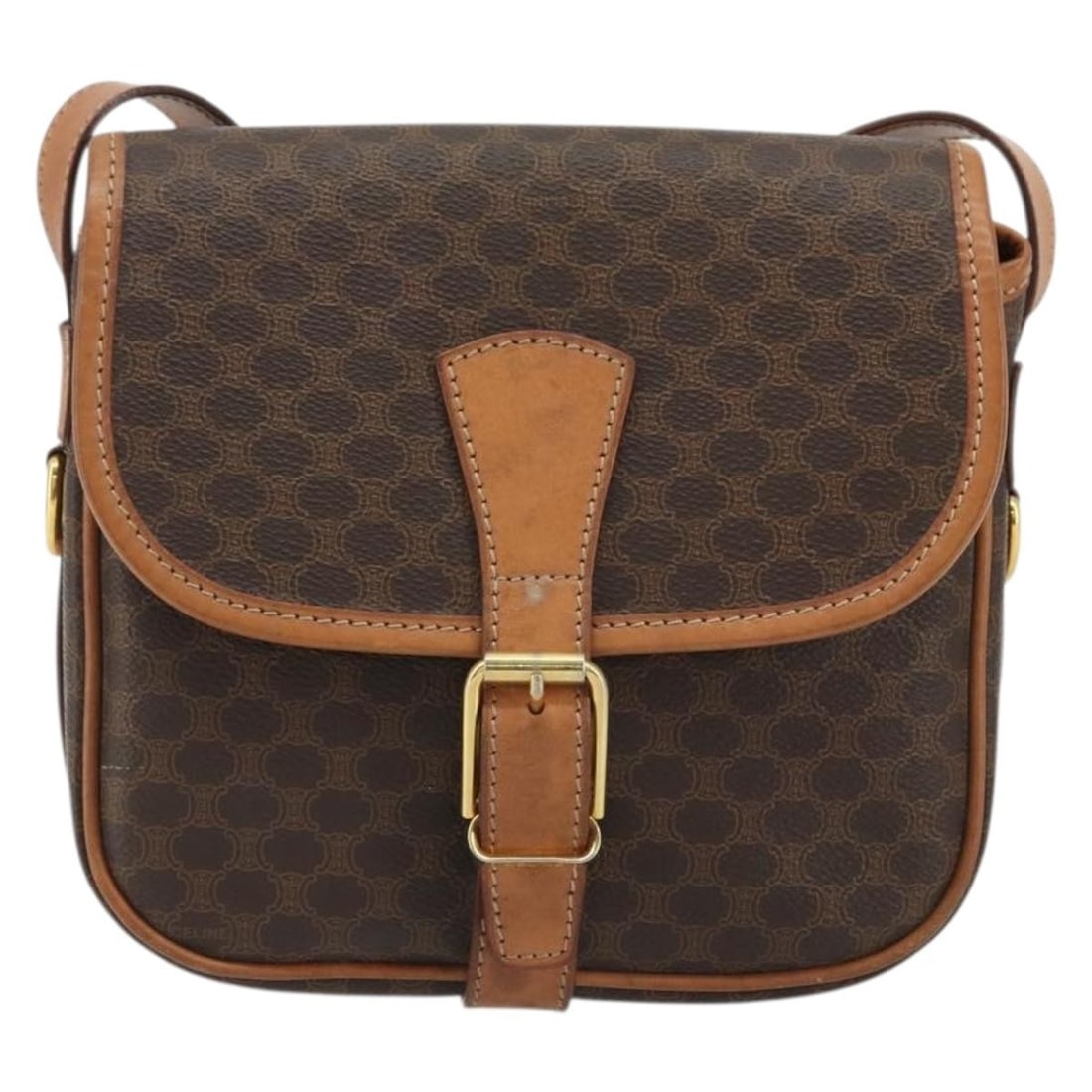 Celine Vintage Macadam shoulder bag brown canvas leather: Celine Vintage Macadam shoulder bag brown canvas leather This Celine Vintage Macadam Shoulder Bag features a classic brown canvas with leather accents, designed for unisex use. The bag shows signs of 