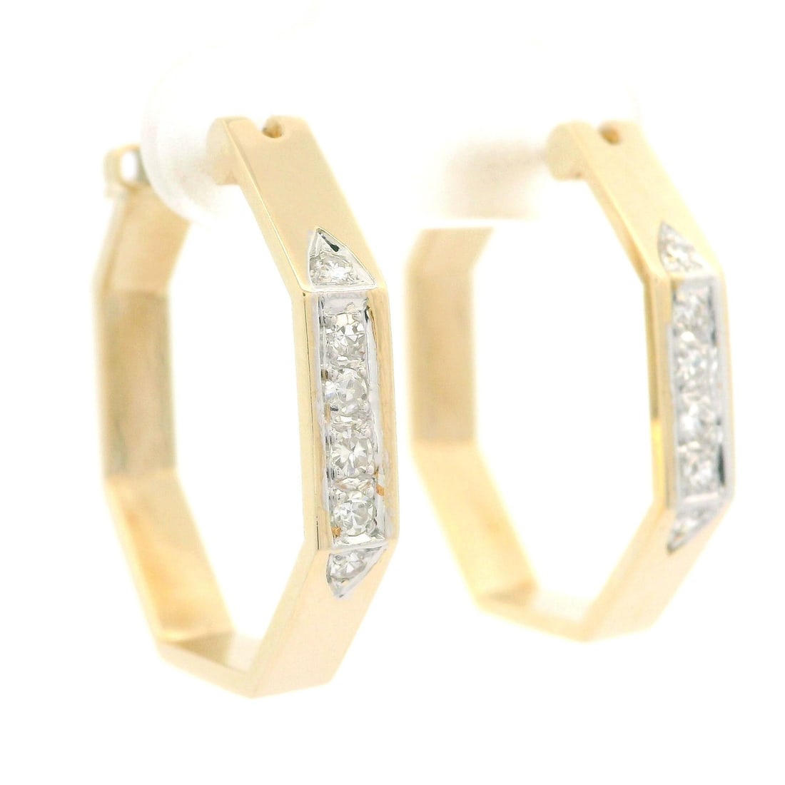 Pair of Geometric Hoop Earrings in 13-14k Yellow Gold with 0.18ctw Diamonds: Pair of Geometric Hoop Earrings in 13-14k Yellow Gold with 0.18ctw Diamonds Pair of geometric medium hoop earrings crafted in solid yellow gold and set with natural genuine diamonds in a pave design. 