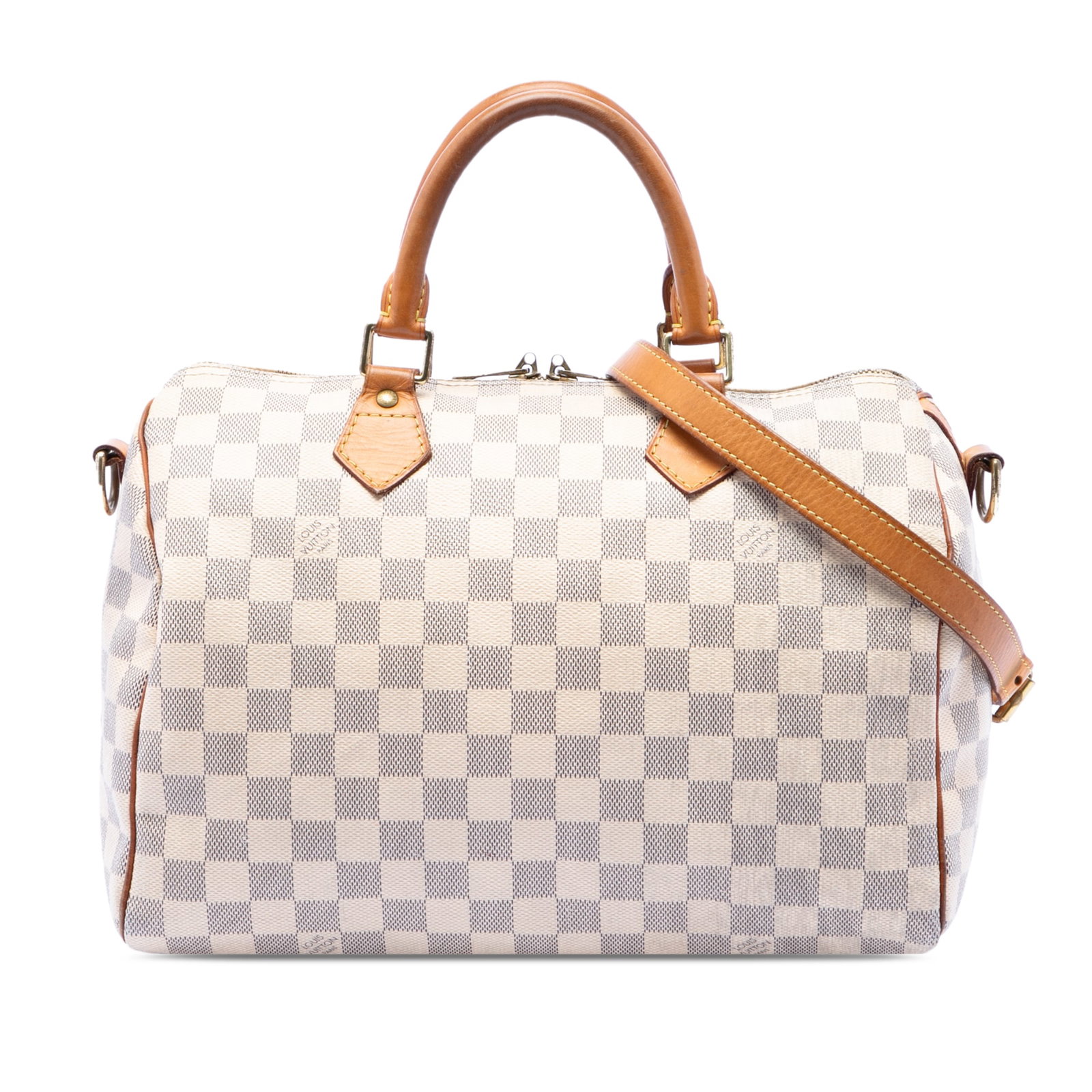 Louis Vuitton Speedy Bandouliere 30 Damier Azur handbag: Louis Vuitton Speedy Bandouliere 30 Damier Azur handbag Louis Vuitton Speedy Bandouliere 30 in Damier Azur with vachetta leather trim and rolled handles. This bag features a damier canvas body, a deta