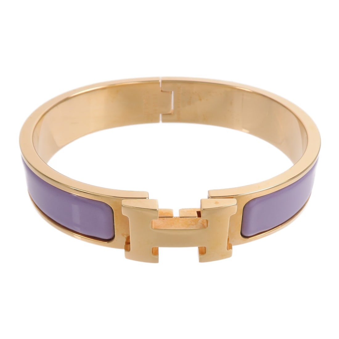 Hermes Clic H enamel bracelet purple with gold tone: Hermes Clic H enamel bracelet purple with gold tone Hermes Clic H bracelet in purple and gold-tone metal with enamel construction. Designed for women, this bracelet includes the original storage box a