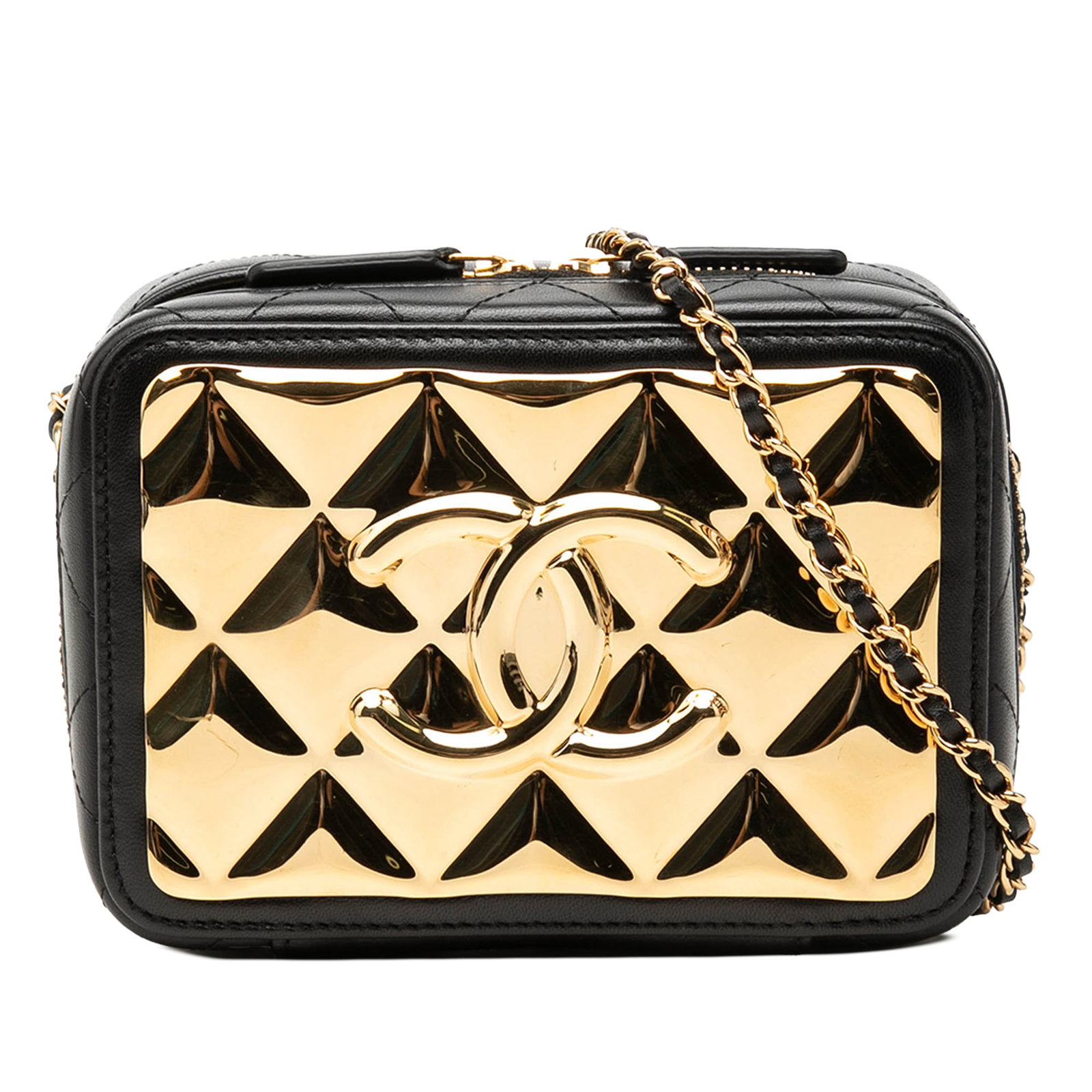 Chanel Mini CC Vanity Crossbody Quilted Lambskin Gold Plated Black: Chanel Mini CC Vanity Crossbody Quilted Lambskin Gold Plated Black Chanel Mini CC Quilted Lambskin and Golden Plate Vanity Crossbody in black. This crossbody bag features a quilted lambskin leather bo