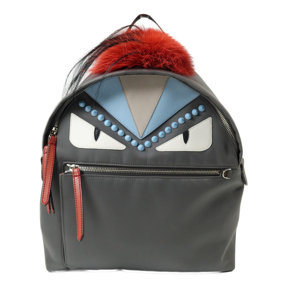 FENDI 8BZ035 Monster Rucksack Backpack Gray Nylon SHW: FENDI 8BZ035 Monster Rucksack Backpack Gray Nylon SHW Fendi Monster backpack in gray nylon with silver-tone hardware. This women's rucksack backpack features a practical interior and exterior zip pock