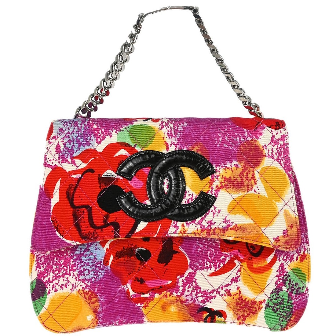CHANEL Small Purple Canvas Top Handle Bag with Chain Strap: CHANEL Small Purple Canvas Top Handle Bag with Chain Strap Small Chanel top handle handbag in purple printed canvas with a floral design, logo accents, and a chain strap. Made in France, this women's 
