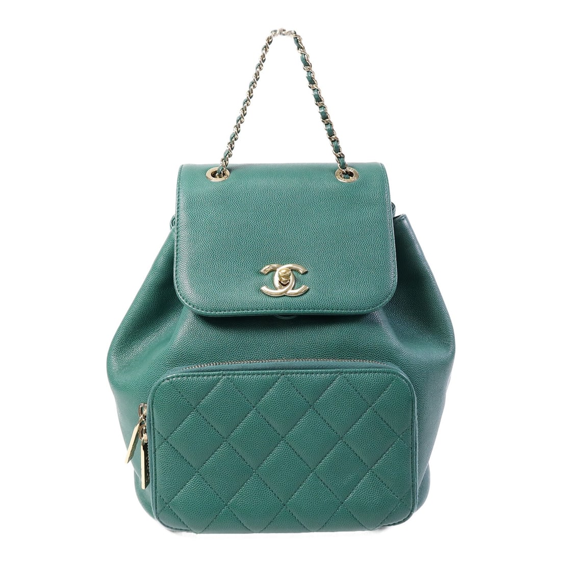 CHANEL Affinity A93748 Green Calfskin Backpack with CC GHW: CHANEL Affinity A93748 Green Calfskin Backpack with CC GHW Chanel Affinity backpack in green calfskin leather with CC GHW styling. This women's rucksack backpack features a turn-lock closure, exterior