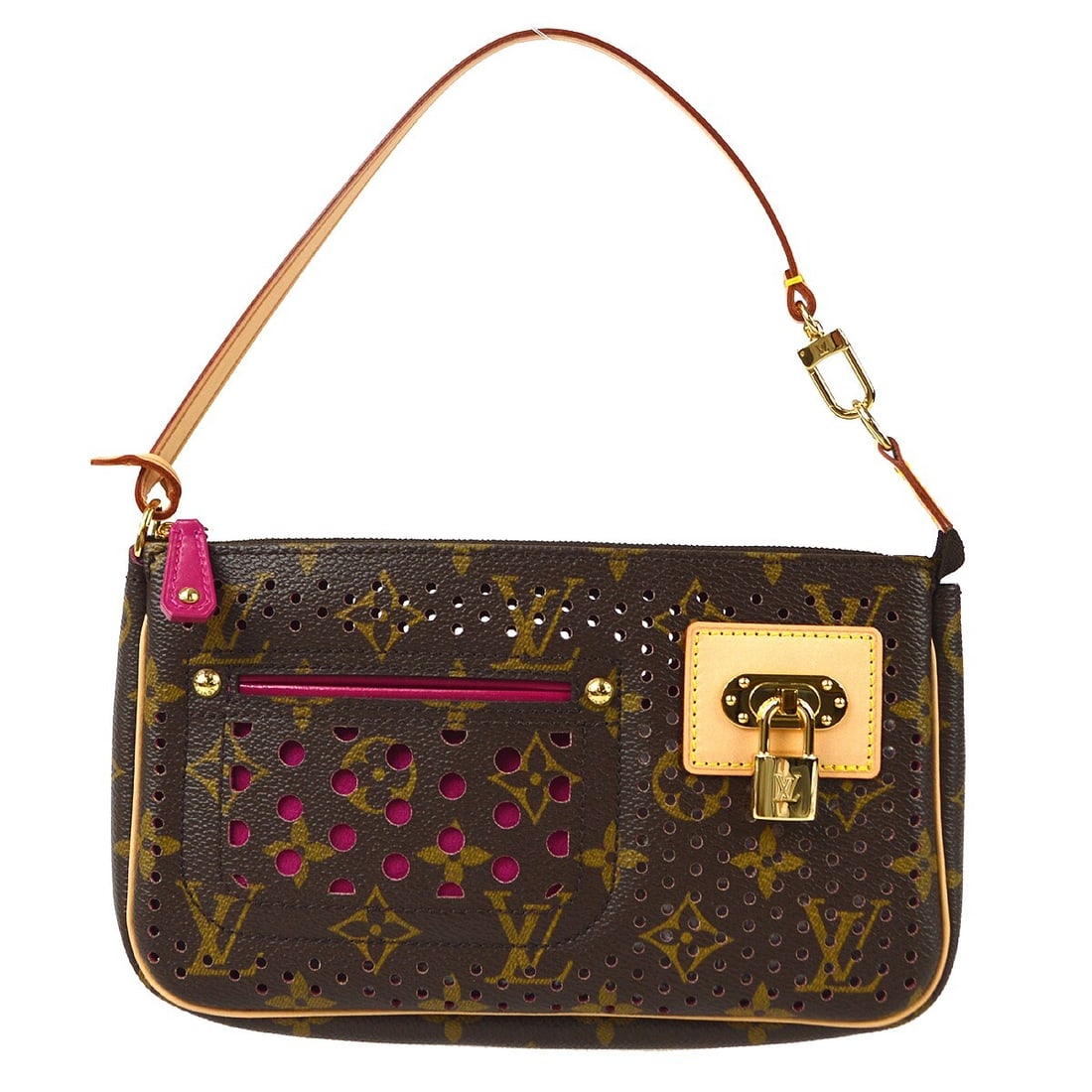 Louis Vuitton Pochette Accessoires Monogram Perfo Small Handbag M95183: Louis Vuitton Pochette Accessoires Monogram Perfo Small Handbag M95183 Louis Vuitton Pochette Accessoires handbag in brown and fuchsia Monogram Perfo canvas with leather trim. This small top-handle ba