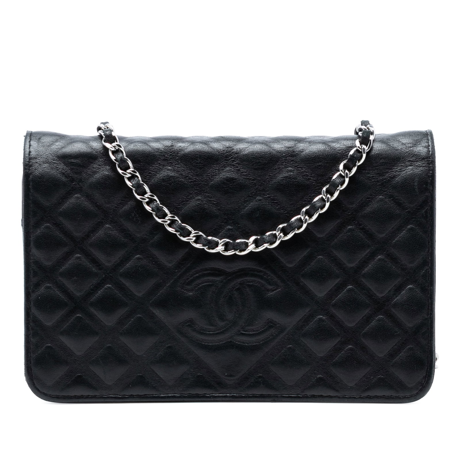 Chanel Diamond Wallet On Chain Black Lambskin Crossbody Bag: Chanel Diamond Wallet On Chain Black Lambskin Crossbody Bag This Chanel CC Embossed Lambskin Diamond Wallet On Chain is crafted from quilted lambskin leather in black. It features a leather-woven chai