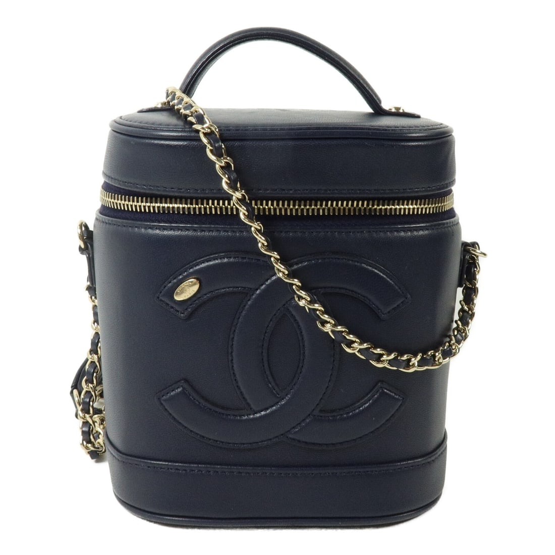 CHANEL CC Vanity Case 2way Shoulder Bag Navy Calfskin GHW: CHANEL CC Vanity Case 2way Shoulder Bag Navy Calfskin GHW Chanel vanity case in navy calfskin leather with a 2-way shoulder bag design. This women's bag features the CC GHW styling, an interior open p