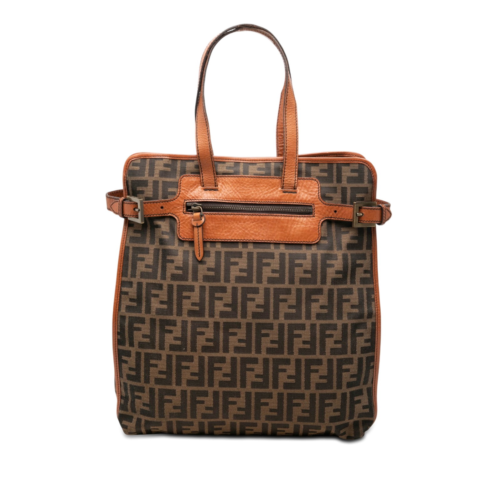 Fendi Zucca Tote Bag Brown Canvas Leather Trim: Fendi Zucca Tote Bag Brown Canvas Leather Trim Fendi Zucca canvas tote with leather trim and flat leather shoulder straps. The bag features an open top with a magnetic snap closure, an exterior front 