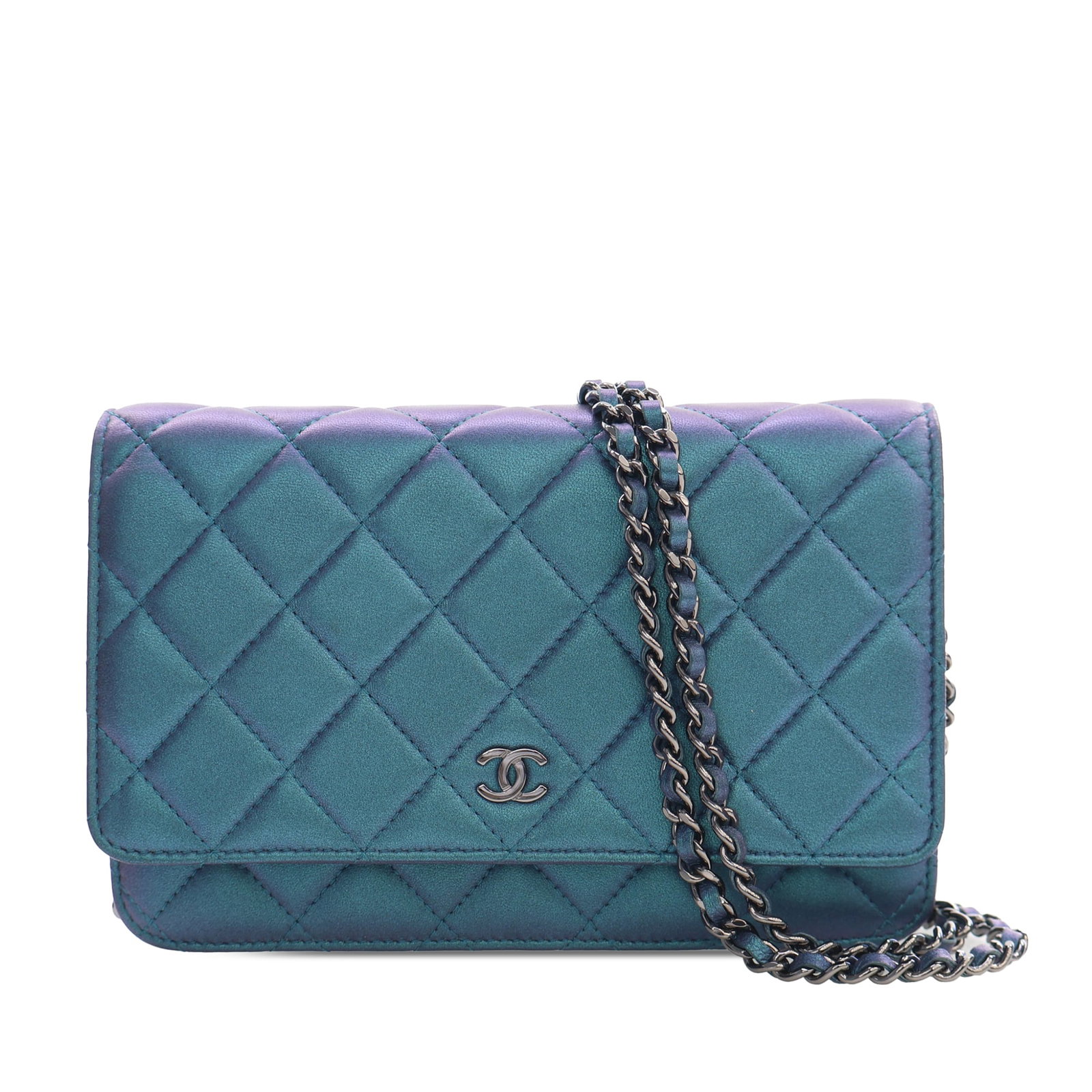 Chanel CC Wallet on Chain Blue Quilted Iridescent Lambskin: Chanel CC Wallet on Chain Blue Quilted Iridescent Lambskin Chanel wallet on chain in blue iridescent quilted lambskin leather. This piece features a leather-woven chain link shoulder strap, a front fl