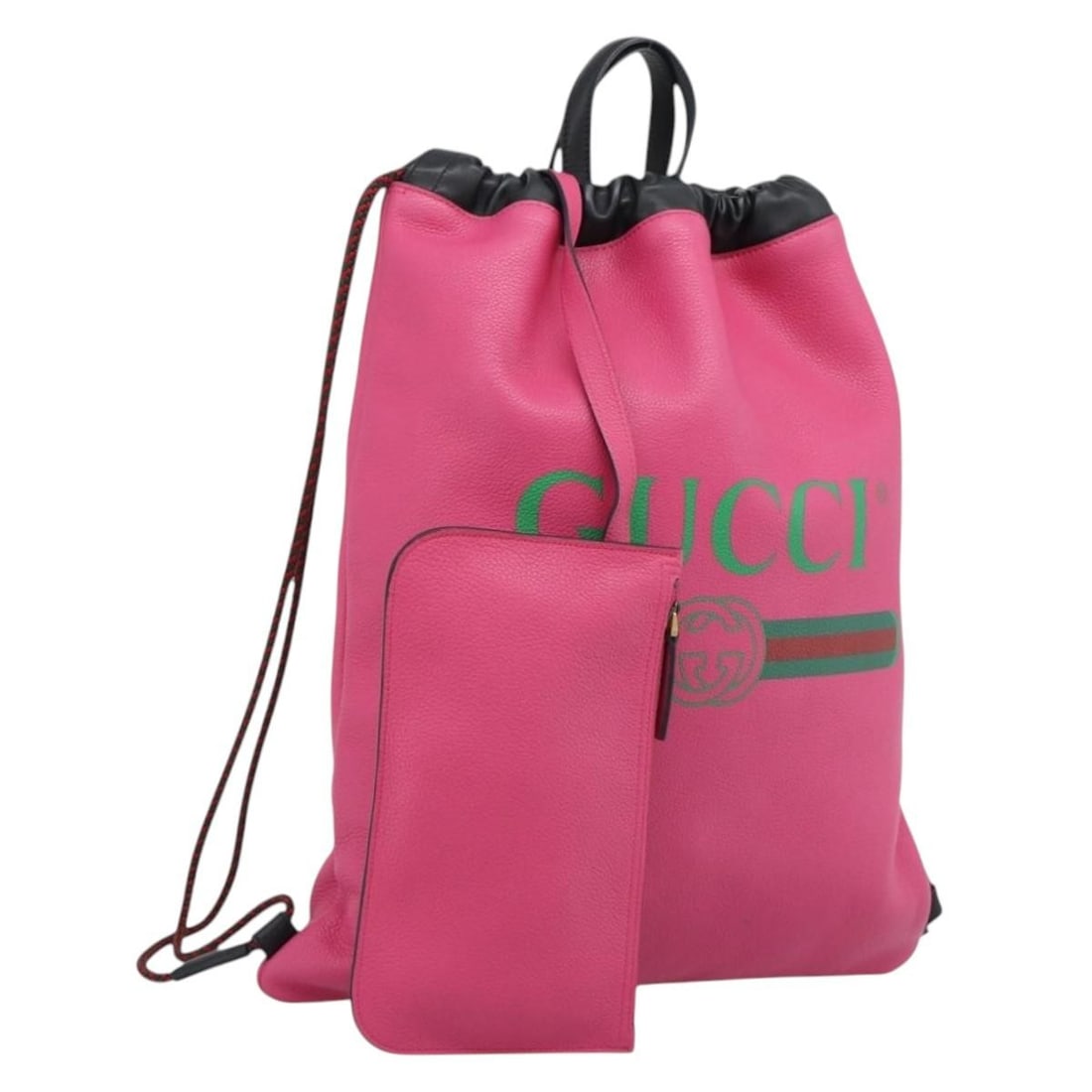 Gucci Logo Drawstring pink leather unisex bag: Gucci Logo Drawstring pink leather unisex bag Gucci Logo Drawstring printed leather bag in pink with a unisex design. Made in Italy, this piece is in good condition with light rubbing to the exterior 