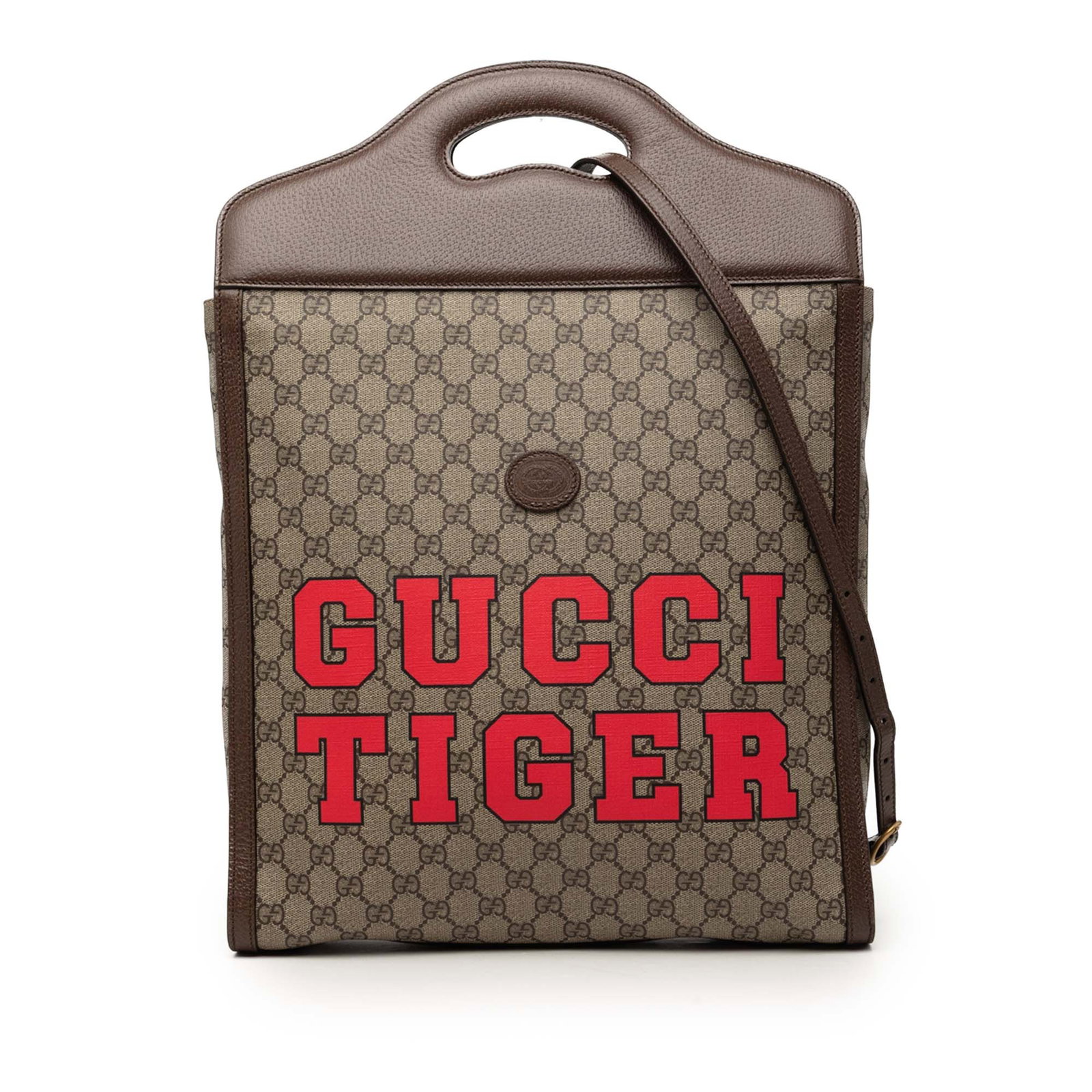 Gucci GG Supreme Tiger Web Satchel Beige Coated Canvas: Gucci GG Supreme Tiger Web Satchel Beige Coated Canvas Gucci GG Supreme Web Tiger satchel with a printed coated canvas body, leather trim, structured leather handles, and a detachable flat leather str