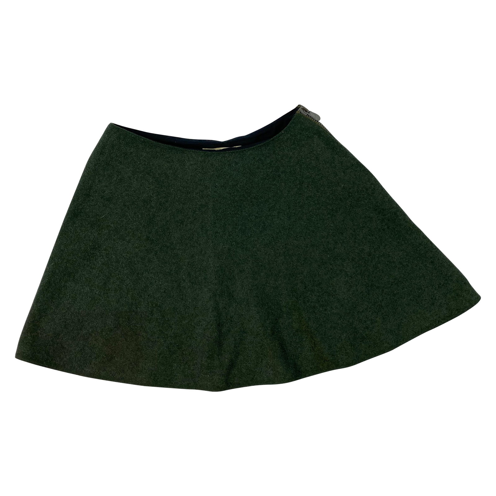 Balenciaga Paris wool flare mini skirt green EU 36: Balenciaga Paris wool flare mini skirt green EU 36 A Balenciaga Paris green wool mini skirt in size 36 (EU). The skirt features a flare style and a full-length grey side zip closure. It is described a