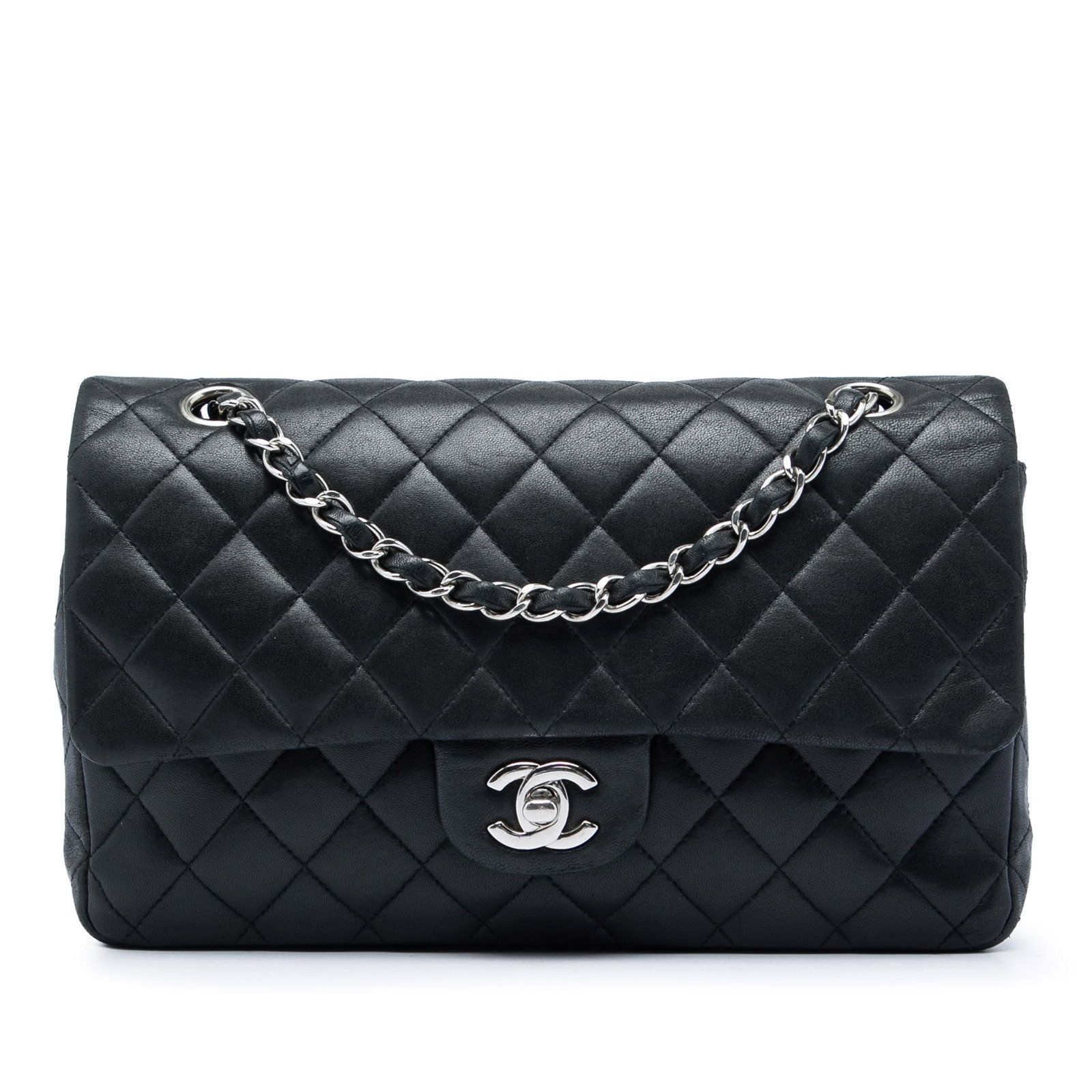 Chanel Medium Classic Double Flap Shoulder Bag Black Lambskin: Chanel Medium Classic Double Flap Shoulder Bag Black Lambskin Medium Classic Lambskin Double Flap shoulder bag in black quilted lambskin with a back slip pocket, leather-woven chain straps, and double