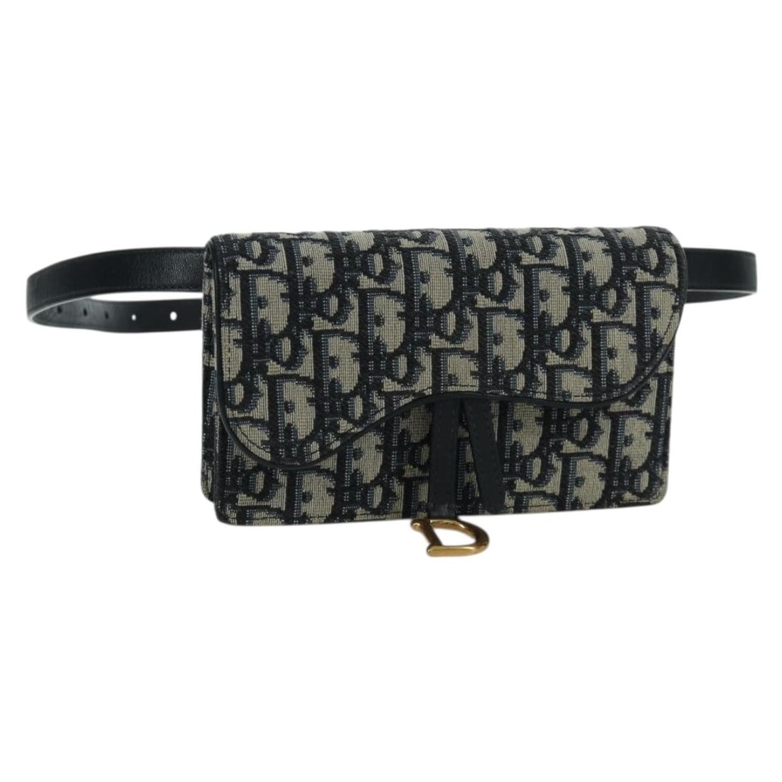 Christian Dior Saddle Waist Bag in Navy Gold Trotter Canvas: Christian Dior Saddle Waist Bag in Navy Gold Trotter Canvas Christian Dior Trotter Canvas Saddle Waist Bag in Navy and Gold, made in Italy. This women's waist bag features Trotter Canvas exterior mate