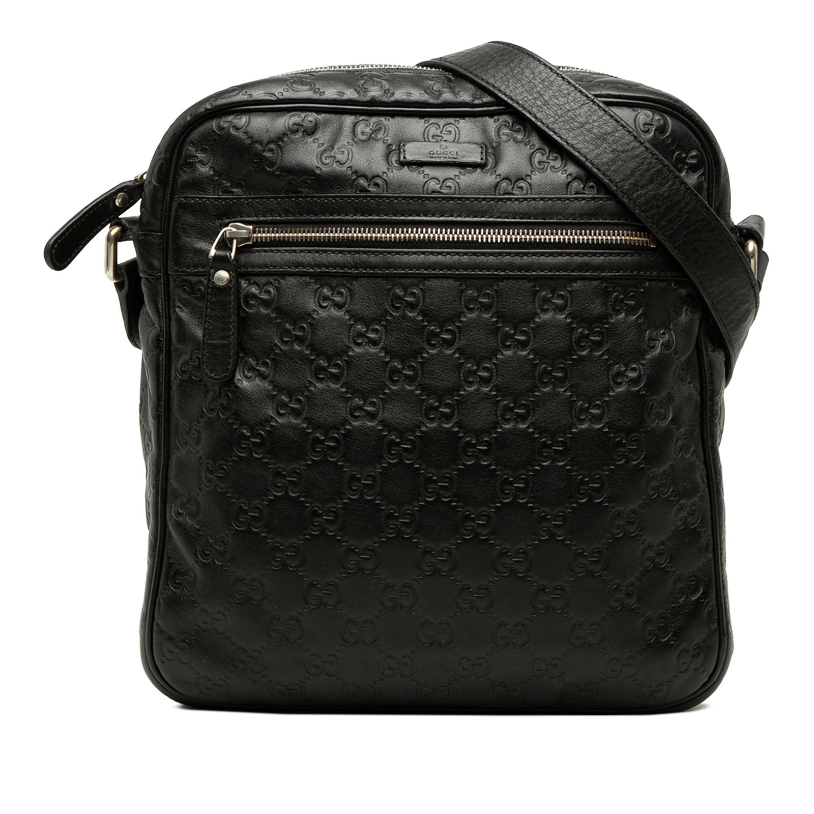 Gucci Guccissima Black Leather Crossbody Bag: Gucci Guccissima Black Leather Crossbody Bag Gucci Guccissima Crossbody bag in black embossed leather with an adjustable flat leather strap, top zip closure, exterior front zip pocket, and interior zi