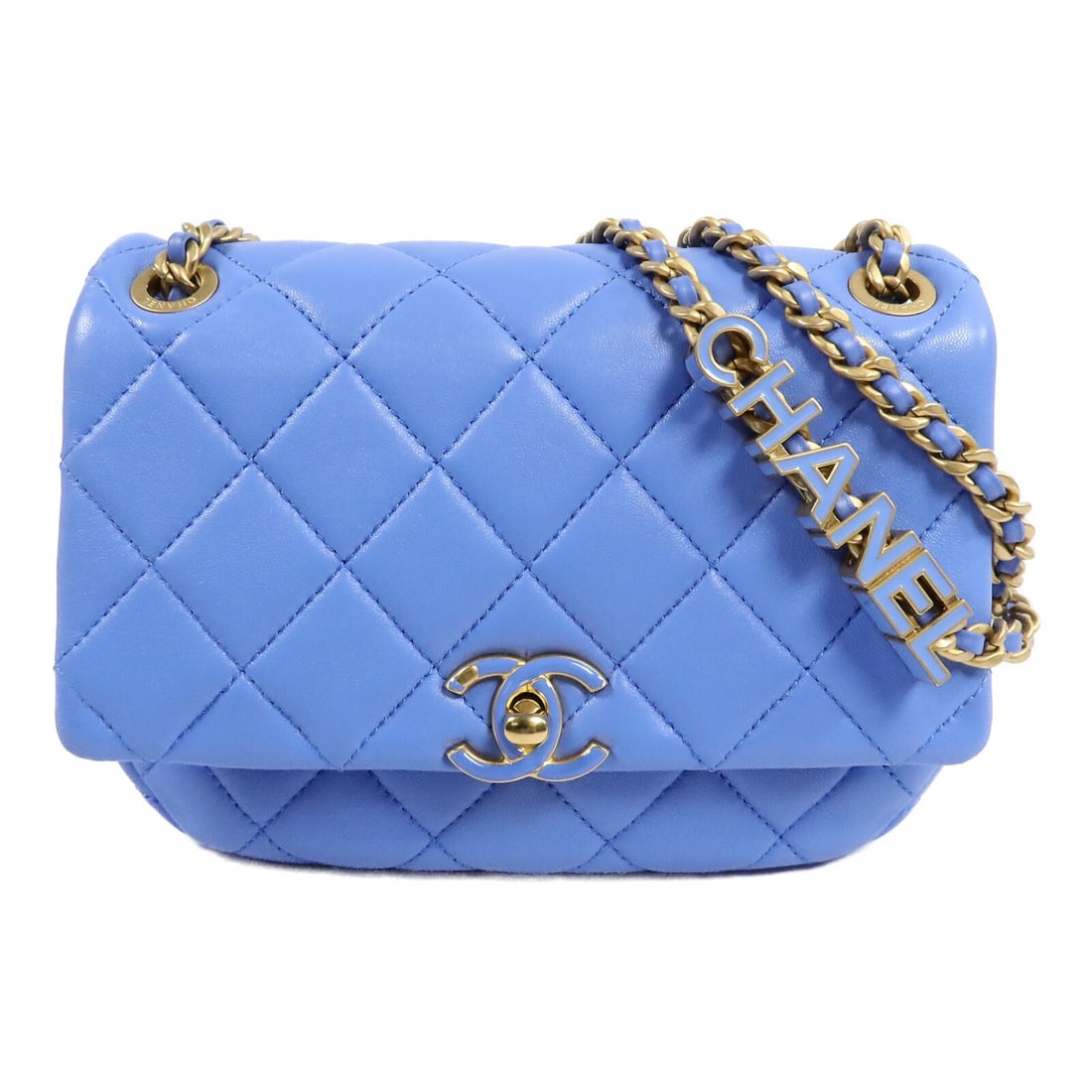 CHANEL CC Lambskin Shoulder Bag Blue Chain GHW: CHANEL CC Lambskin Shoulder Bag Blue Chain GHW CHANEL shoulder bag in blue lambskin (sheep leather) with a CC turn-lock closure and GHW chain shoulder strap. The bag is described as Very Good conditio
