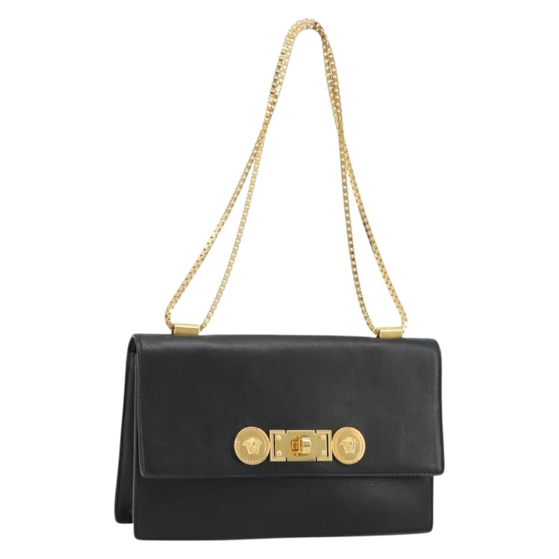 VERSACE black leather shoulder bag with gold tone chain: VERSACE black leather shoulder bag with gold tone chain Versace chain shoulder bag in black leather with gold-tone accents. Made in Italy, this women's shoulder bag is offered in condition rank B with