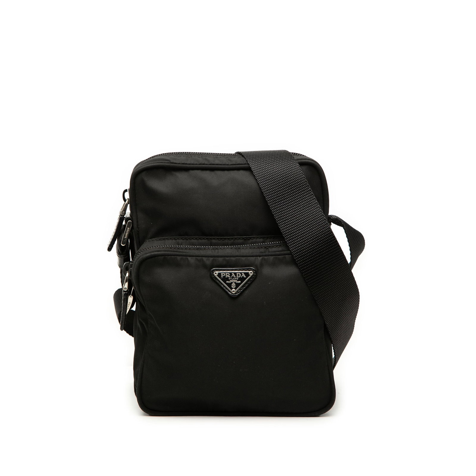 Prada Tessuto nylon crossbody bag with zip top black: Prada Tessuto nylon crossbody bag with zip top black Prada Tessuto Zip Top Crossbody in black fabric with a nylon body, adjustable flat shoulder strap, top zip closure, exterior front zip pocket, and 