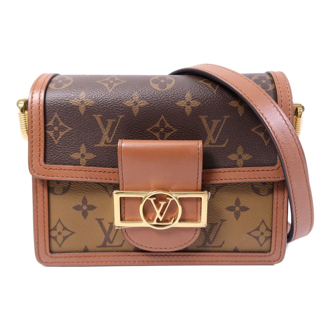 Louis Vuitton M45959 Mini Dauphine Shoulder Bag Monogram Reverse Brown: Louis Vuitton M45959 Mini Dauphine Shoulder Bag Monogram Reverse Brown Mini Dauphine shoulder bag in Monogram Reverse PVC coated canvas with a brown finish. This women's bag includes a flap design, on