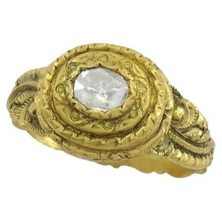 Georgian 19th Century 22k Yellow Gold Ring with Rose Cut Diamond: Georgian 19th Century 22k Yellow Gold Ring with Rose Cut Diamond Antique Georgian-era ring crafted in 22k yellow gold and set with a hand-cut rose-cut diamond in a closed-back collet setting. The piec