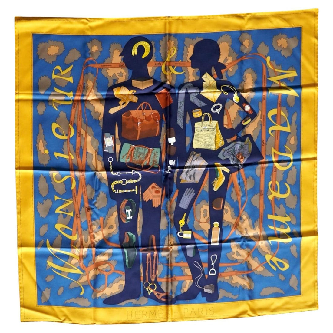 Hermes Monsieur Et Madame Carre 90 Silk Scarf with Box: Hermes Monsieur Et Madame Carre 90 Silk Scarf with Box Hermes Paris Carre 90 Monsieur Et Madame silk scarf from the 21st century. It is described as being in excellent condition and comes with the box