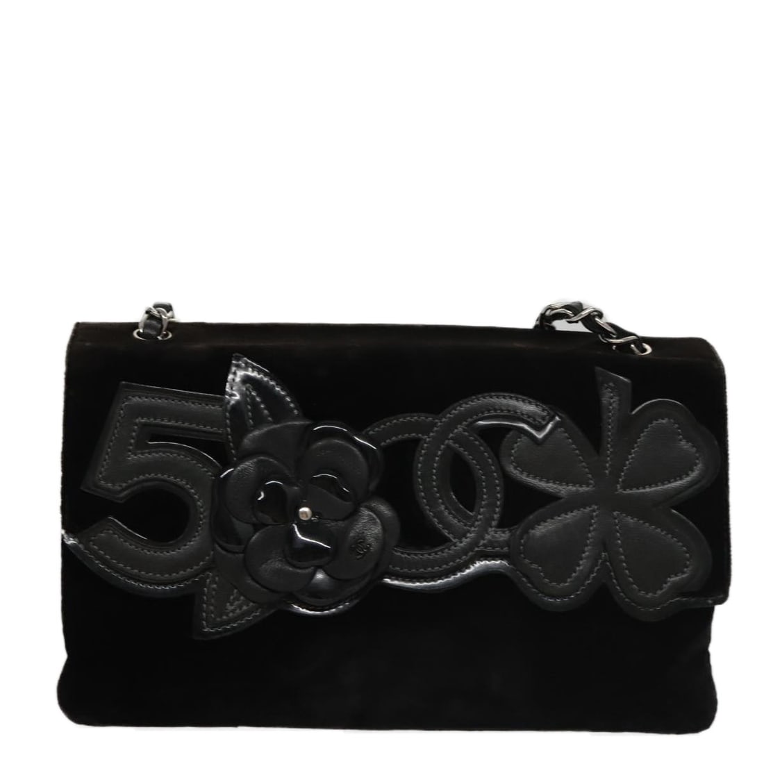 Chanel Camellia No.5 Chain Flap Black Velvet Bag: Chanel Camellia No.5 Chain Flap Black Velvet Bag Chanel Camellia No.5 Chain Flap bag in black velvet. This vintage piece is presented in good condition with honest wear consistent with age and use. No