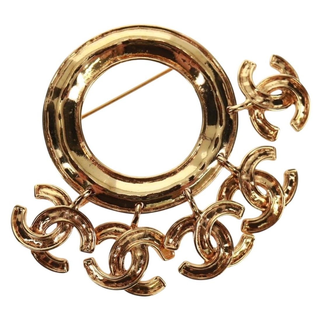 Gold Tone Metal Brooch with CC5 Circle Motif by CHANEL: Gold Tone Metal Brooch with CC5 Circle Motif by CHANEL This CHANEL CC5 Circle brooch features a gold-tone metal construction and the iconic CC logo. Crafted in France, the brooch comes in excellent, u