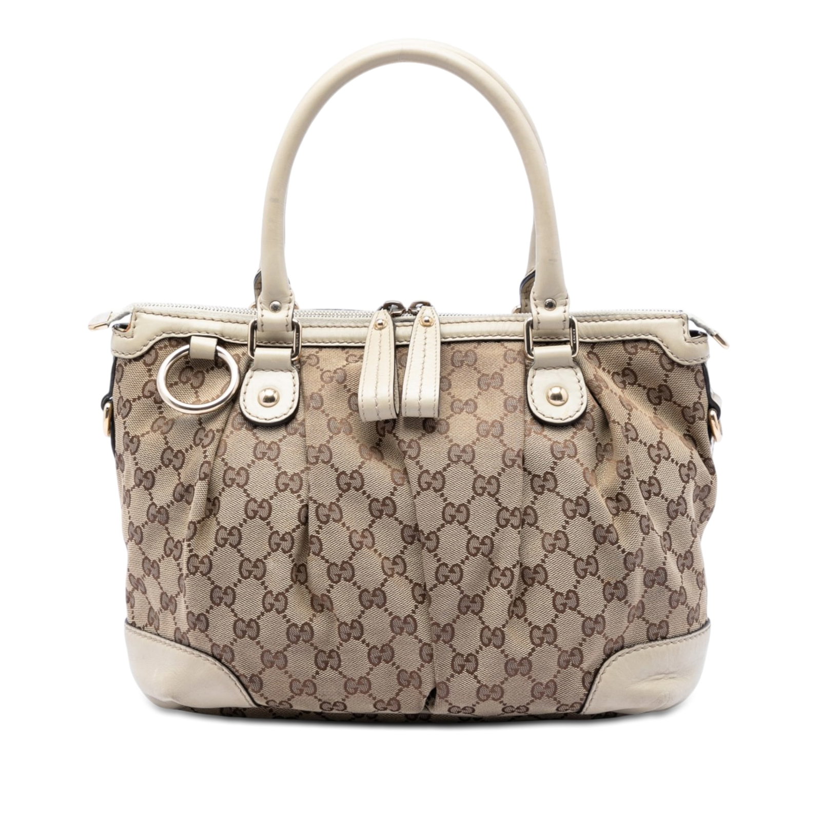 Gucci Sukey Satchel in Beige GG Canvas with Leather Trim: Gucci Sukey Satchel in Beige GG Canvas with Leather Trim Gucci GG Canvas Sukey Satchel in beige, made with a canvas body and leather trim. It features rolled leather handles, a top zip closure, and an