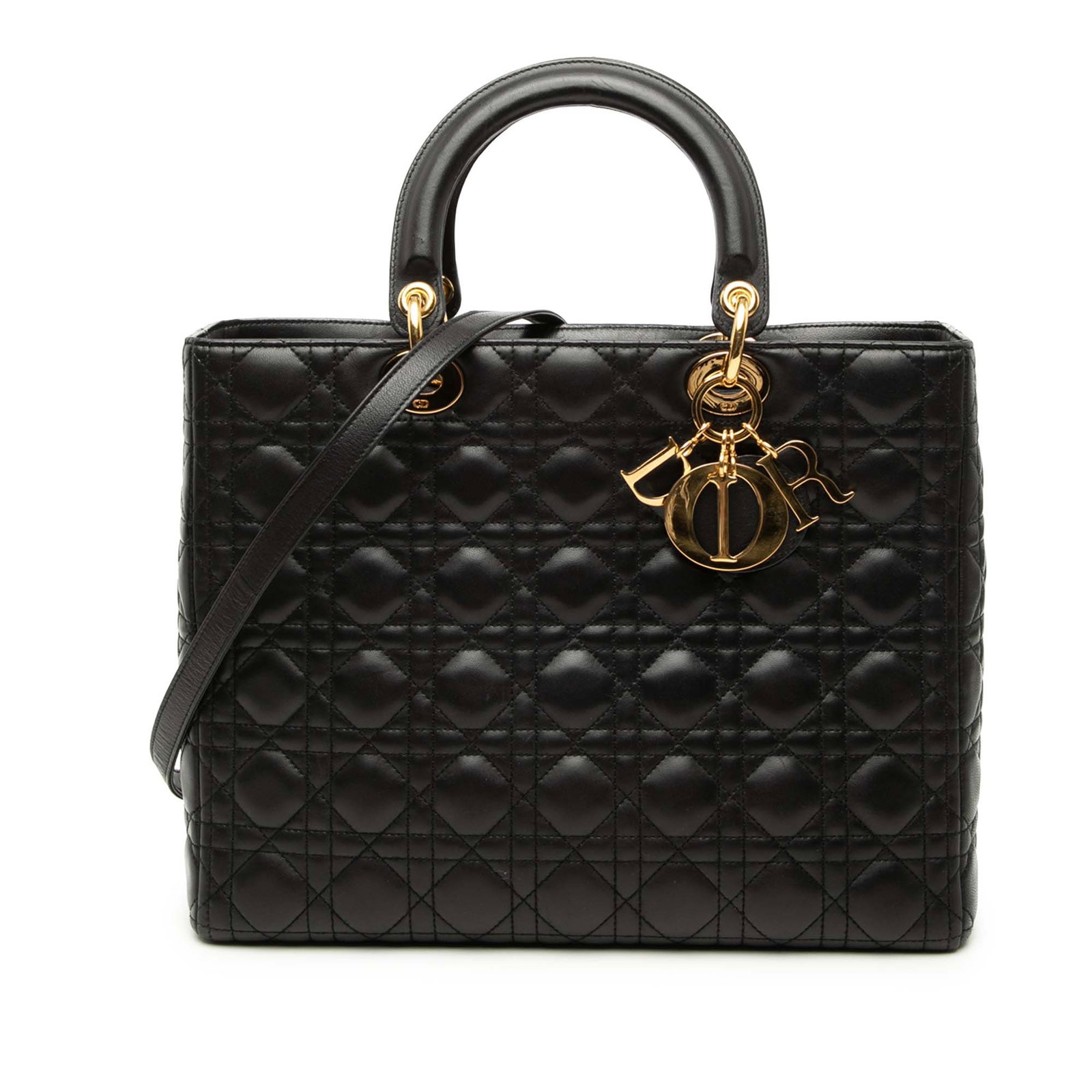Dior Lady Dior Large Cannage Lambskin Handbag Black: Dior Lady Dior Large Cannage Lambskin Handbag Black Large Lady Dior bag in black quilted lambskin leather with Cannage detailing. This handbag features flat top handles, a detachable flat leather stra