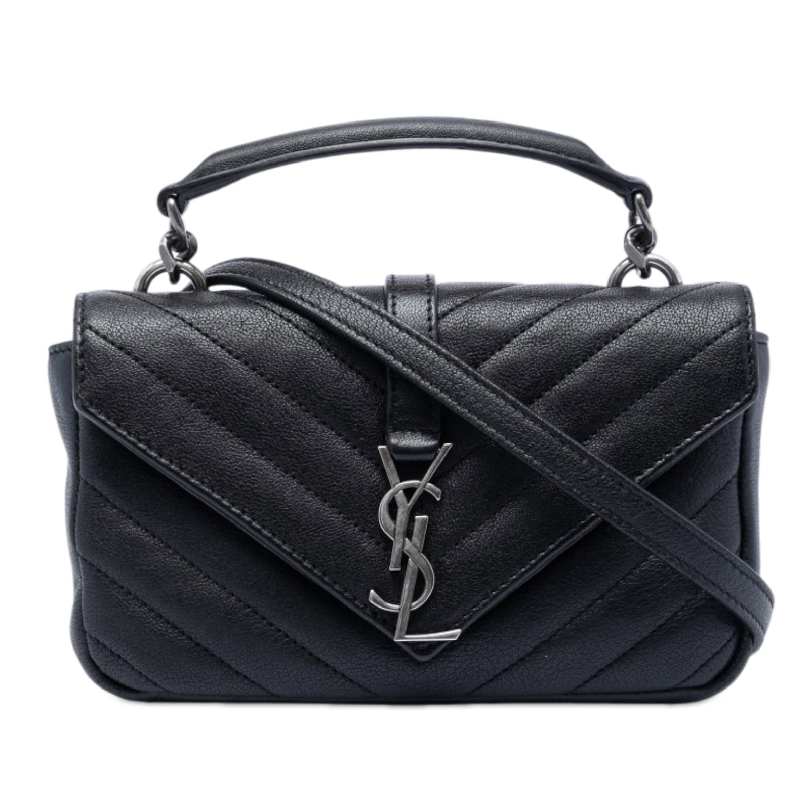 Saint Laurent College Mini Chevron Leather Satchel: Saint Laurent College Mini Chevron Leather Satchel This Saint Laurent Mini Chevron Sheepskin Monogram College Satchel features a quilted leather body in black, complemented by a flat leather top handl
