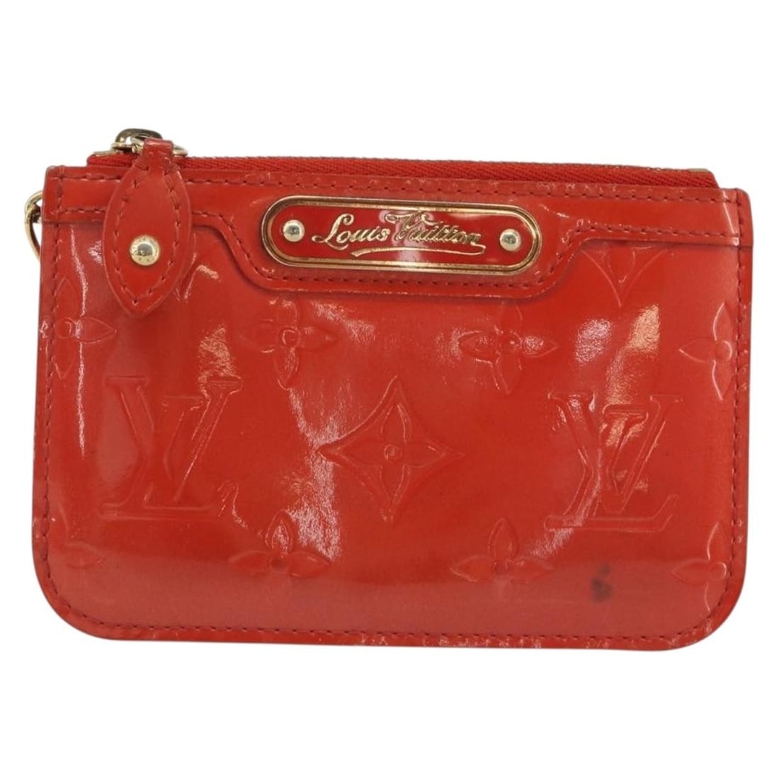 Louis Vuitton Pochette cles NM Vernis patent leather coin pouch: Louis Vuitton Pochette cles NM Vernis patent leather coin pouch Louis Vuitton Pochette cles NM in orange patent leather, designed as a unisex accessory. It measures 13 cm wide by 9 cm high and was mad
