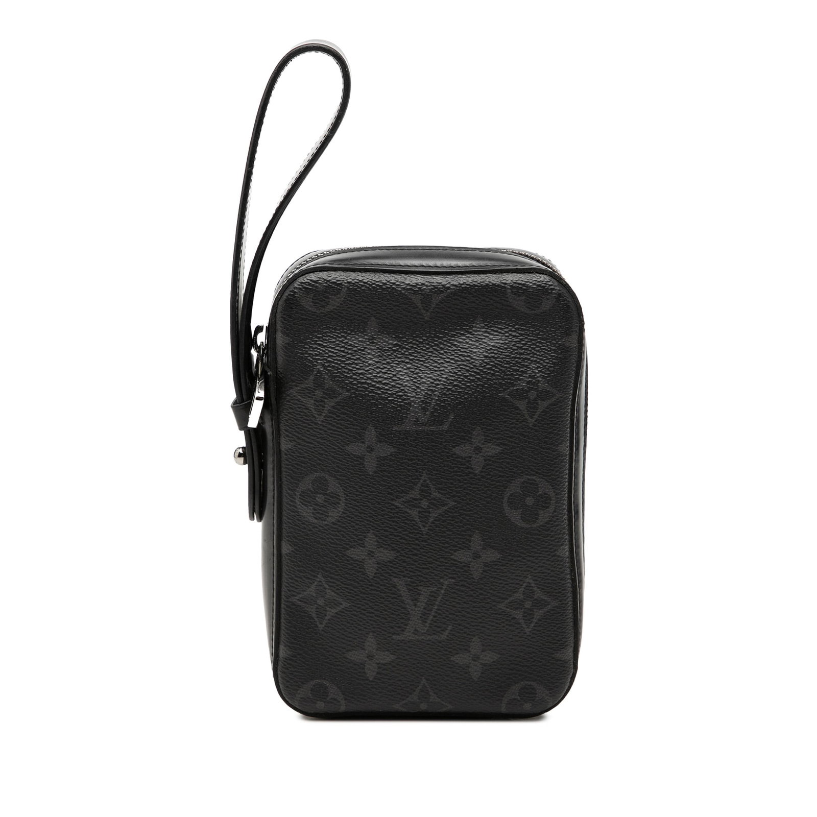 Louis Vuitton Monogram Eclipse wristlet clutch bag: Louis Vuitton Monogram Eclipse wristlet clutch bag Louis Vuitton Monogram Eclipse Box Clutch in black monogram eclipse canvas with a zip-around closure, flat wrist handle, and interior slip pockets. M