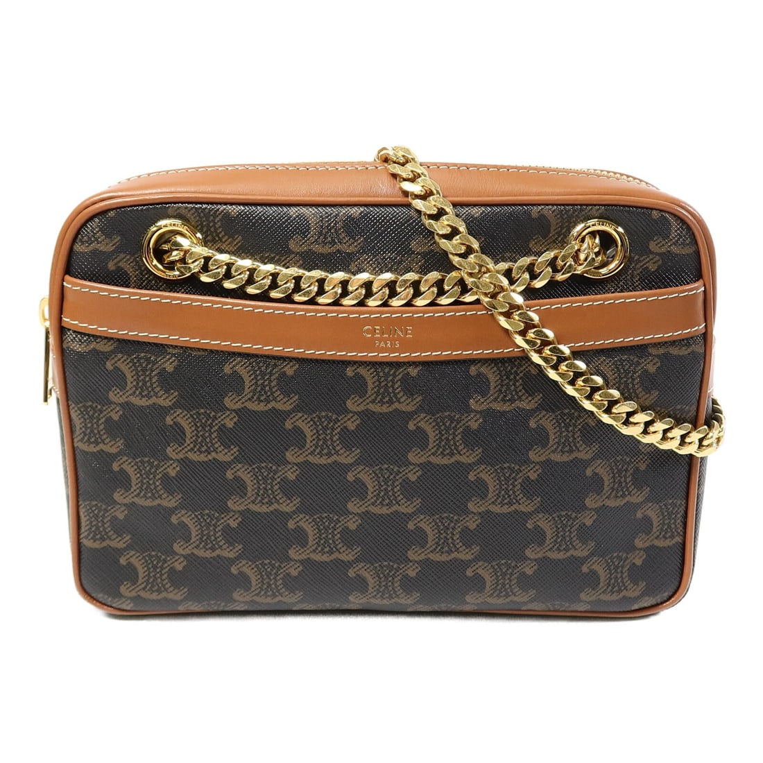 CELINE Small Patapans Brown PVC Coated Canvas Chain Shoulder Bag: CELINE Small Patapans Brown PVC Coated Canvas Chain Shoulder Bag Small Patapans chain shoulder bag in brown PVC coated canvas. This women's shoulder bag features an adjustable shoulder strap, an exter