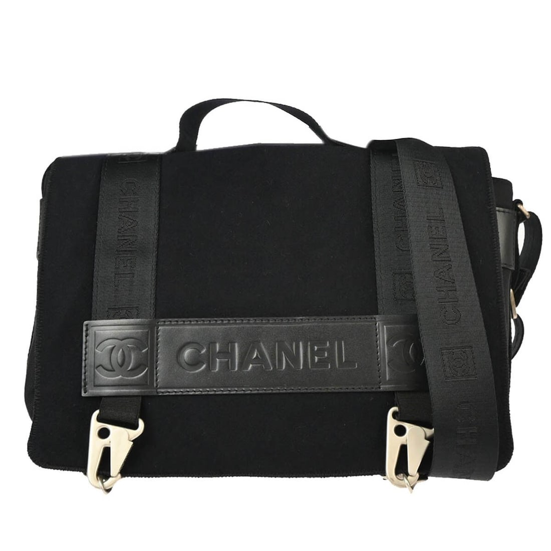 CHANEL Sport Line Medium 2way Top Handle Bag Black Felt Nylon: CHANEL Sport Line Medium 2way Top Handle Bag Black Felt Nylon Chanel Sport Line 2way handbag in black felt nylon with calfskin trim and canvas handle/strap. This medium top handle bag features logo ac