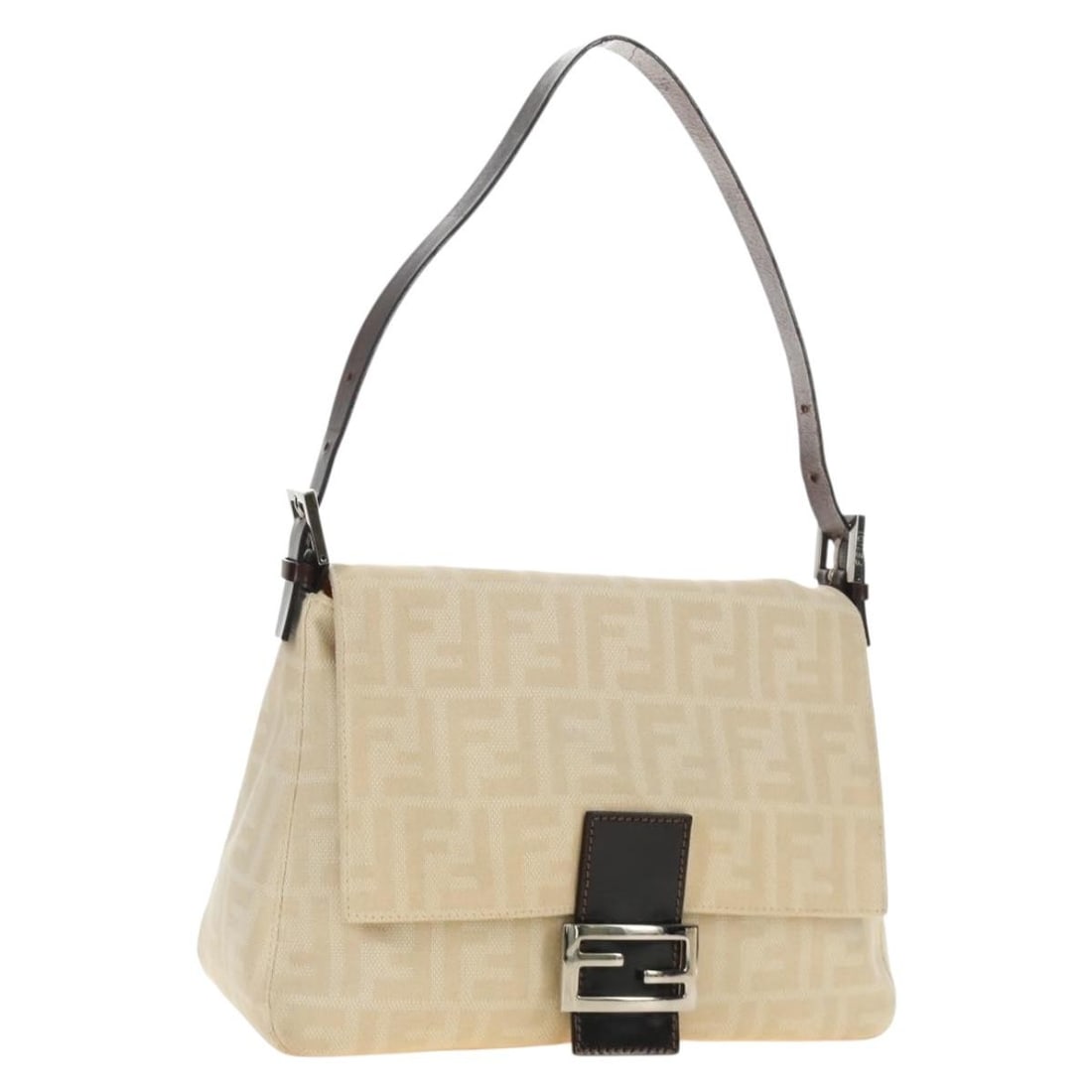 FENDI Mamma Baguette Shoulder Bag in Beige Silver Zucca Canvas: FENDI Mamma Baguette Shoulder Bag in Beige Silver Zucca Canvas Fendi Mamma Baguette shoulder bag in Zucca canvas with a beige and silver colorway. It features a shoulder strap with an approximate drop