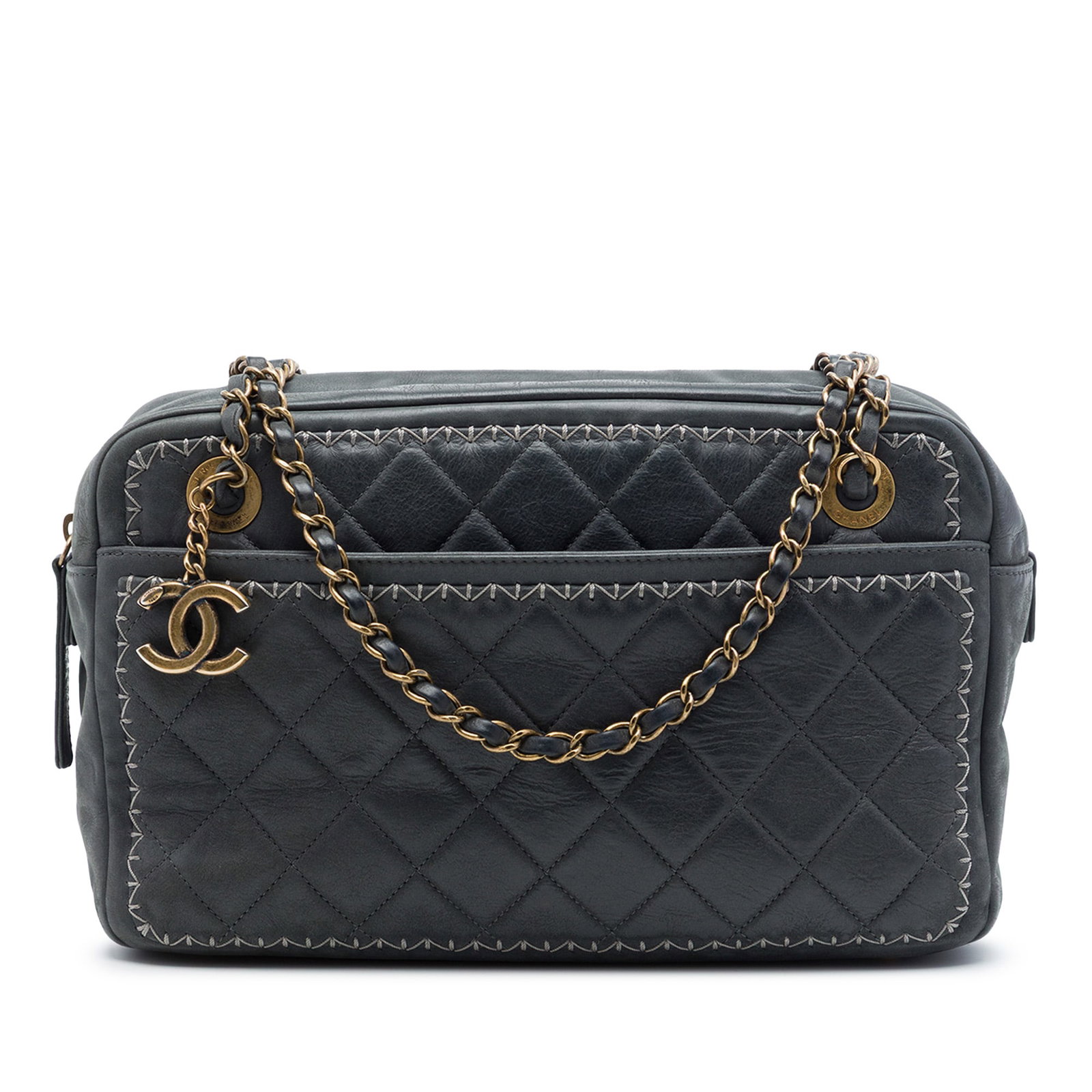 Chanel CC Camera Bag in Iridescent Quilted Calfskin with Whipstitch: Chanel CC Camera Bag in Iridescent Quilted Calfskin with Whipstitch Chanel CC Quilted Iridescent Calfskin Whipstitch Camera Bag in black leather. This shoulder bag features a quilted leather body, lea