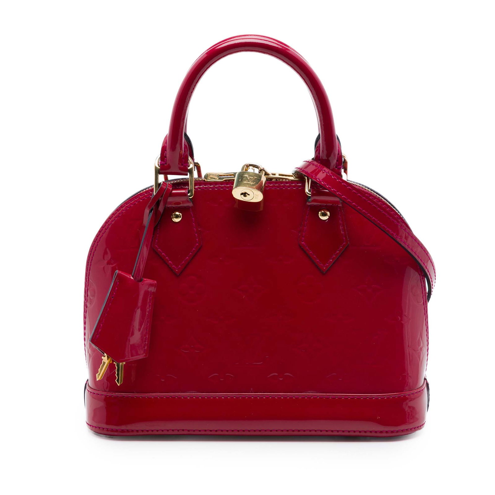 Louis Vuitton Alma BB Monogram Vernis Leather Handbag Red: Louis Vuitton Alma BB Monogram Vernis Leather Handbag Red Louis Vuitton Monogram Vernis Alma BB handbag crafted in leather with rolled handles, a detachable strap, zip-around closure, clochette, and a