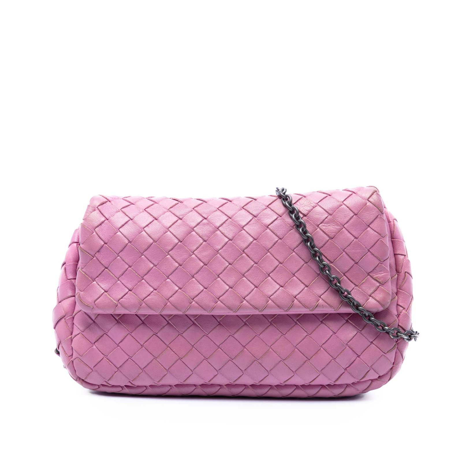 Pink leather crossbody Bottega Veneta Mini Nappa Intrecciato flap bag: Pink leather crossbody Bottega Veneta Mini Nappa Intrecciato flap bag Bottega Veneta Mini Nappa Intrecciato Expandable Chain Flap Crossbody in pink leather with the brand's signature woven body. This 
